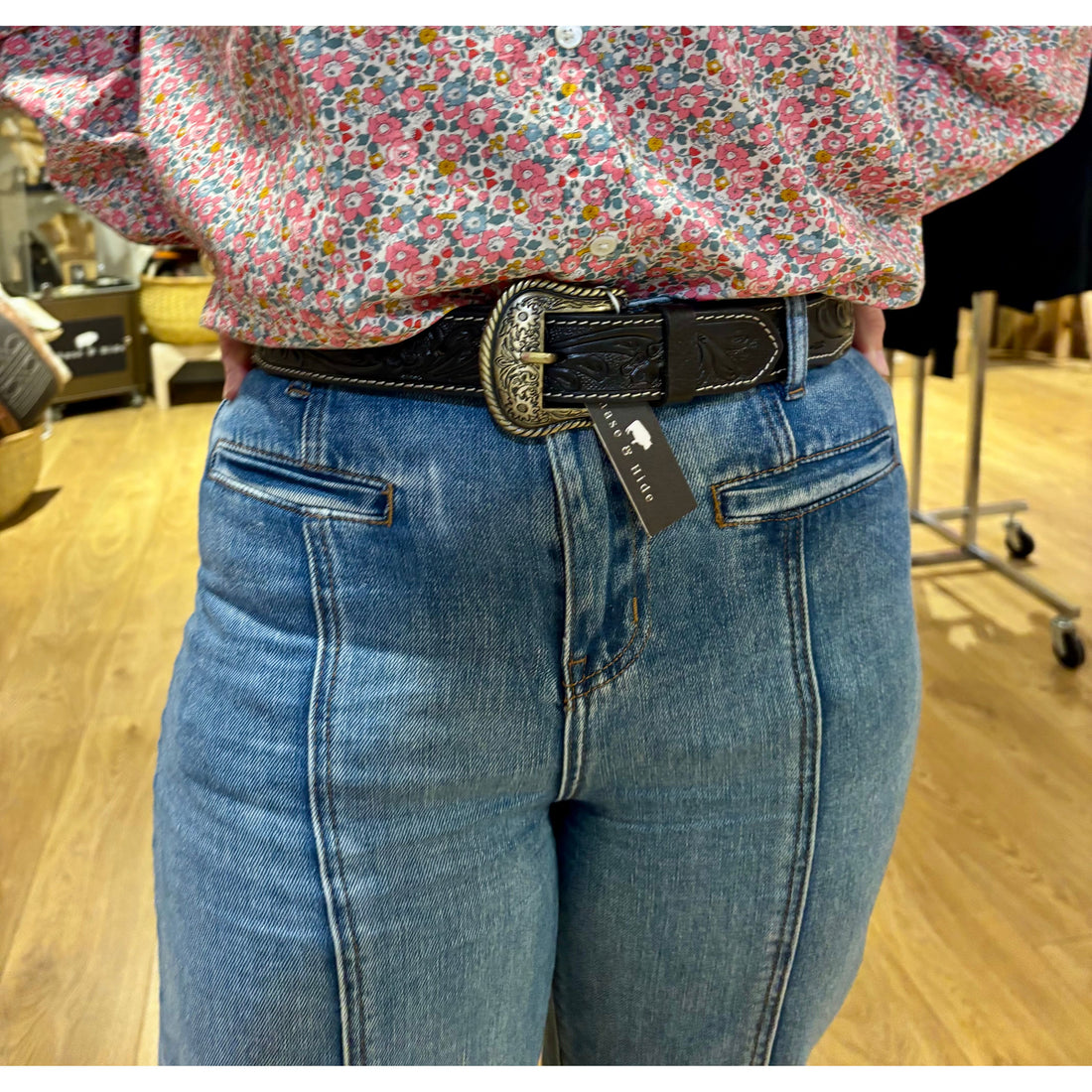 Black Tooled Leather and Hide Belt