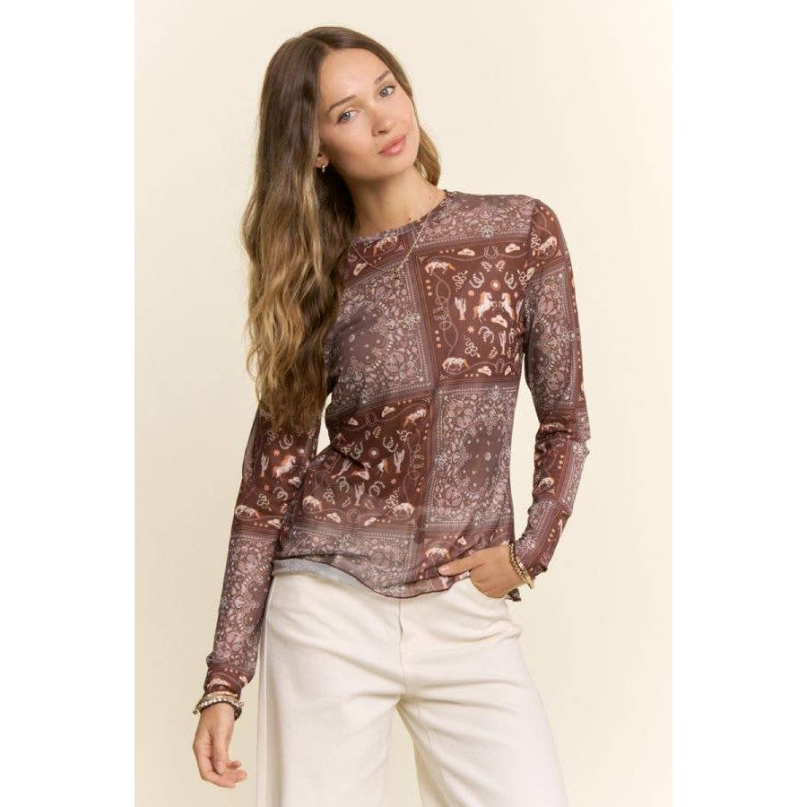 Western Bandana Print Mock Neck Mesh Top