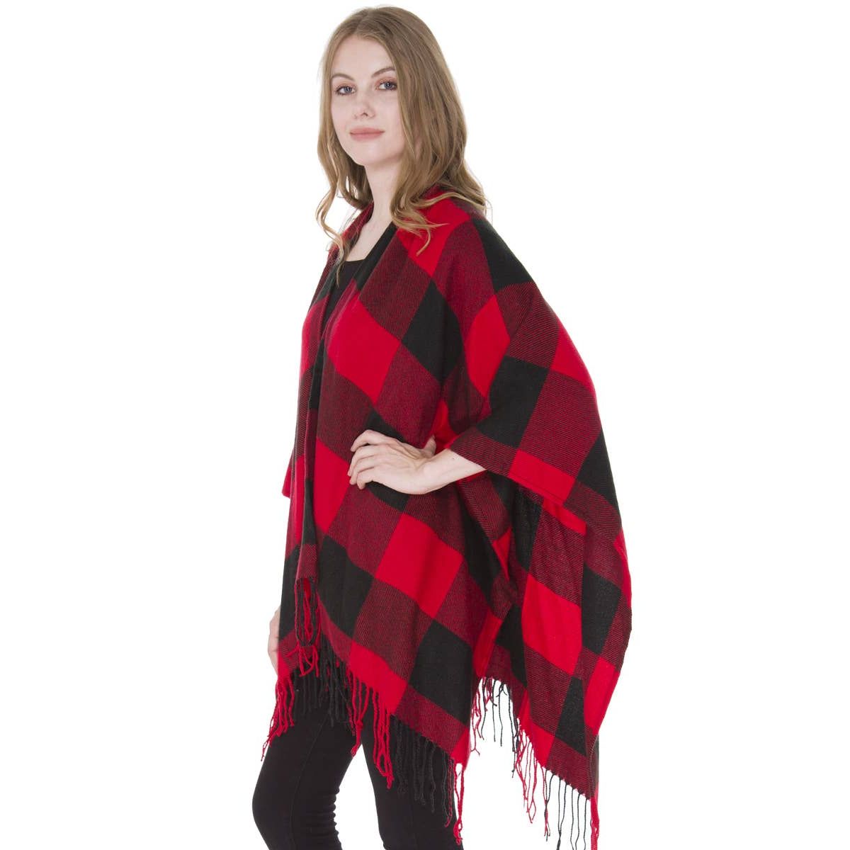 Buffalo Check Pattern Ruana Poncho with Fringes