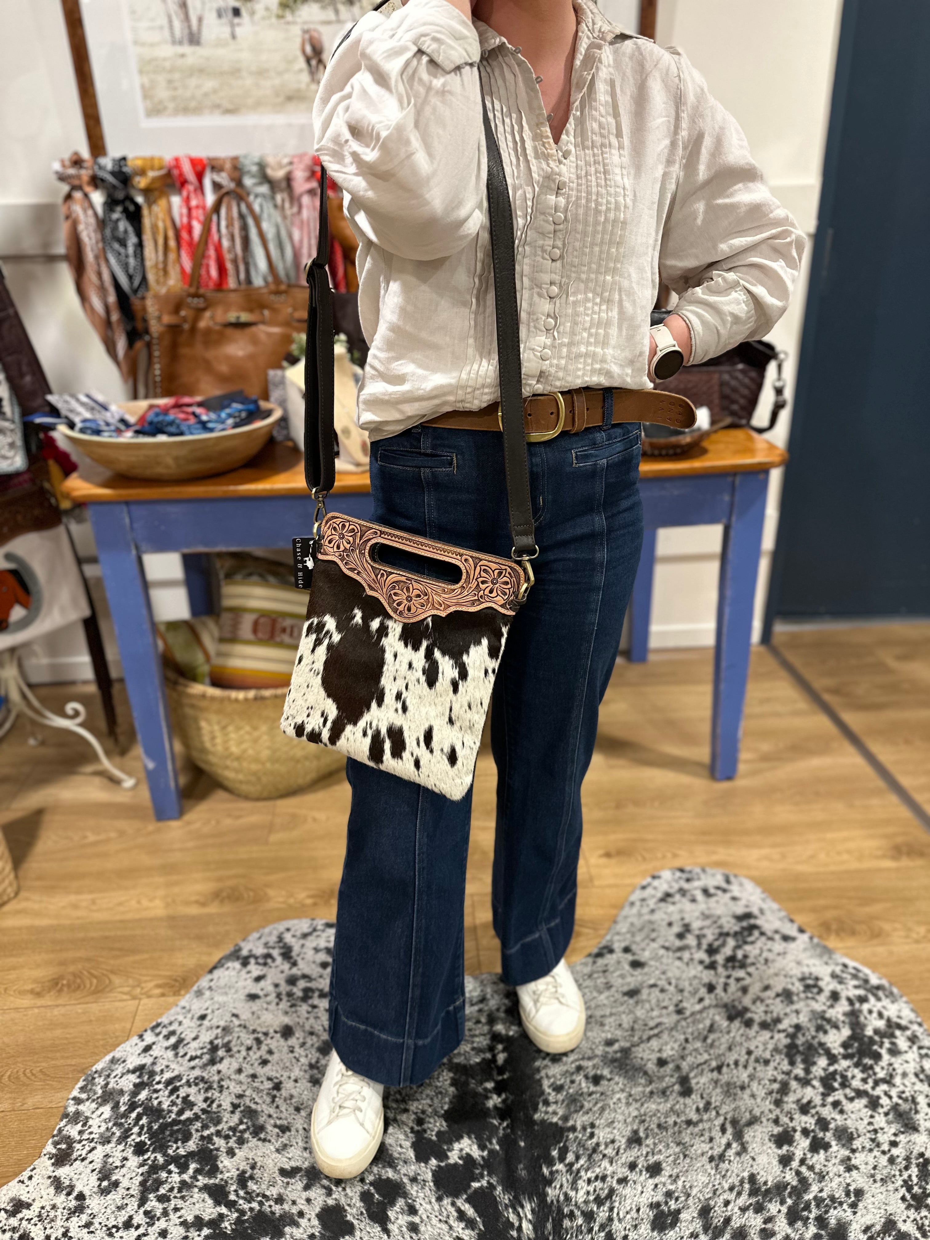 Sundance hide & tooled leather handbag