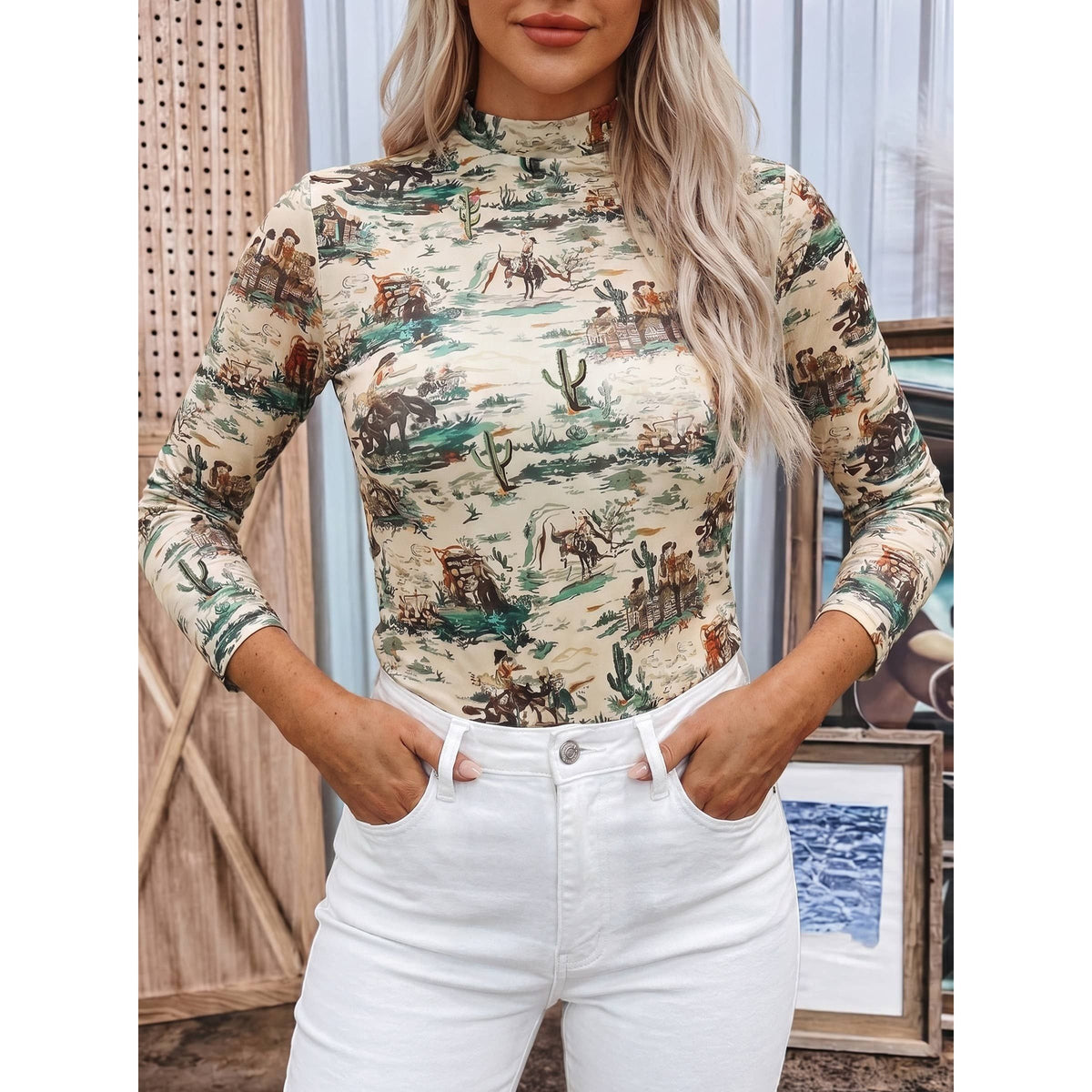Western Print Mesh Long Sleeve Round Neck Casual Shift Top