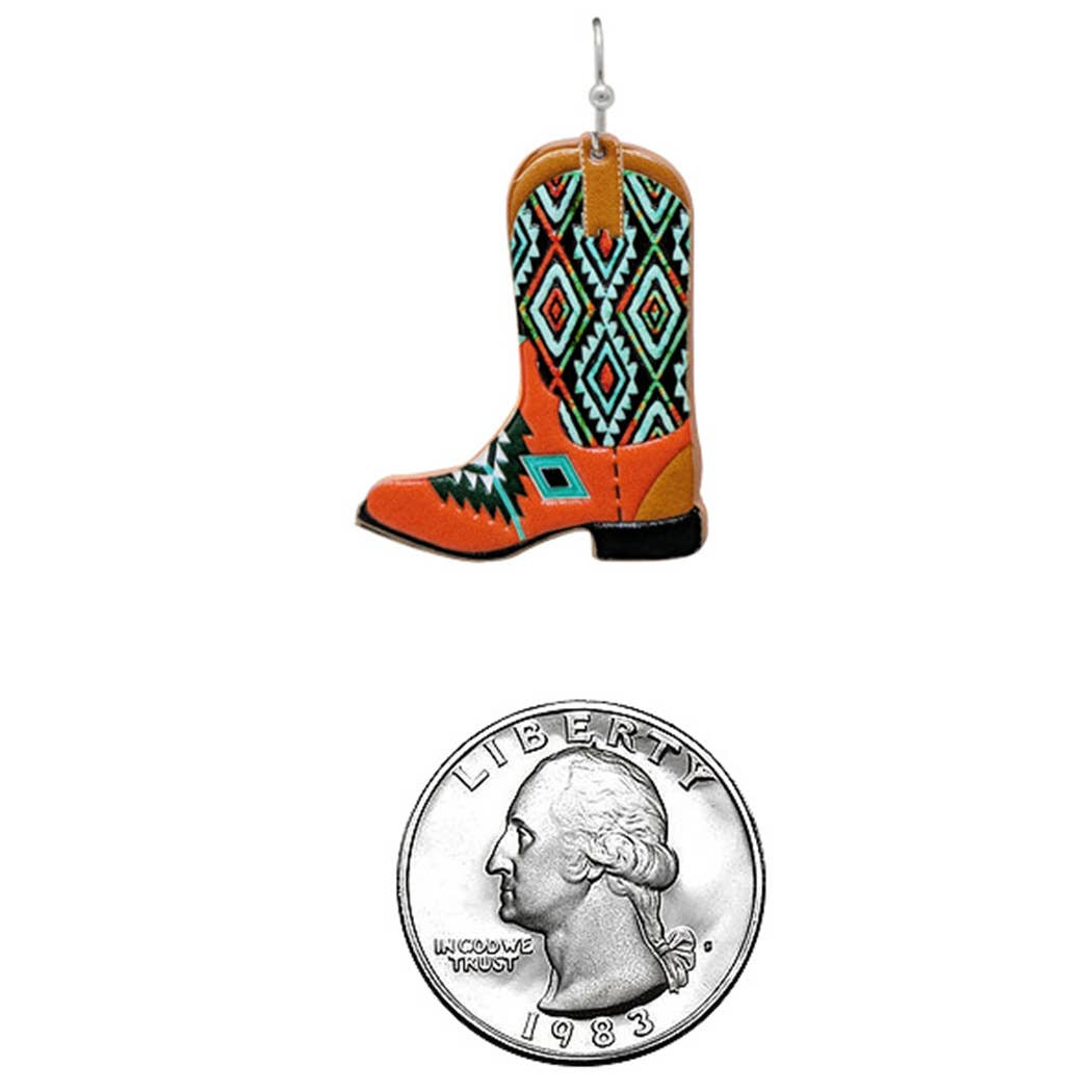 Cowboy Boots Aztec Pattern Leather Hook Earrings