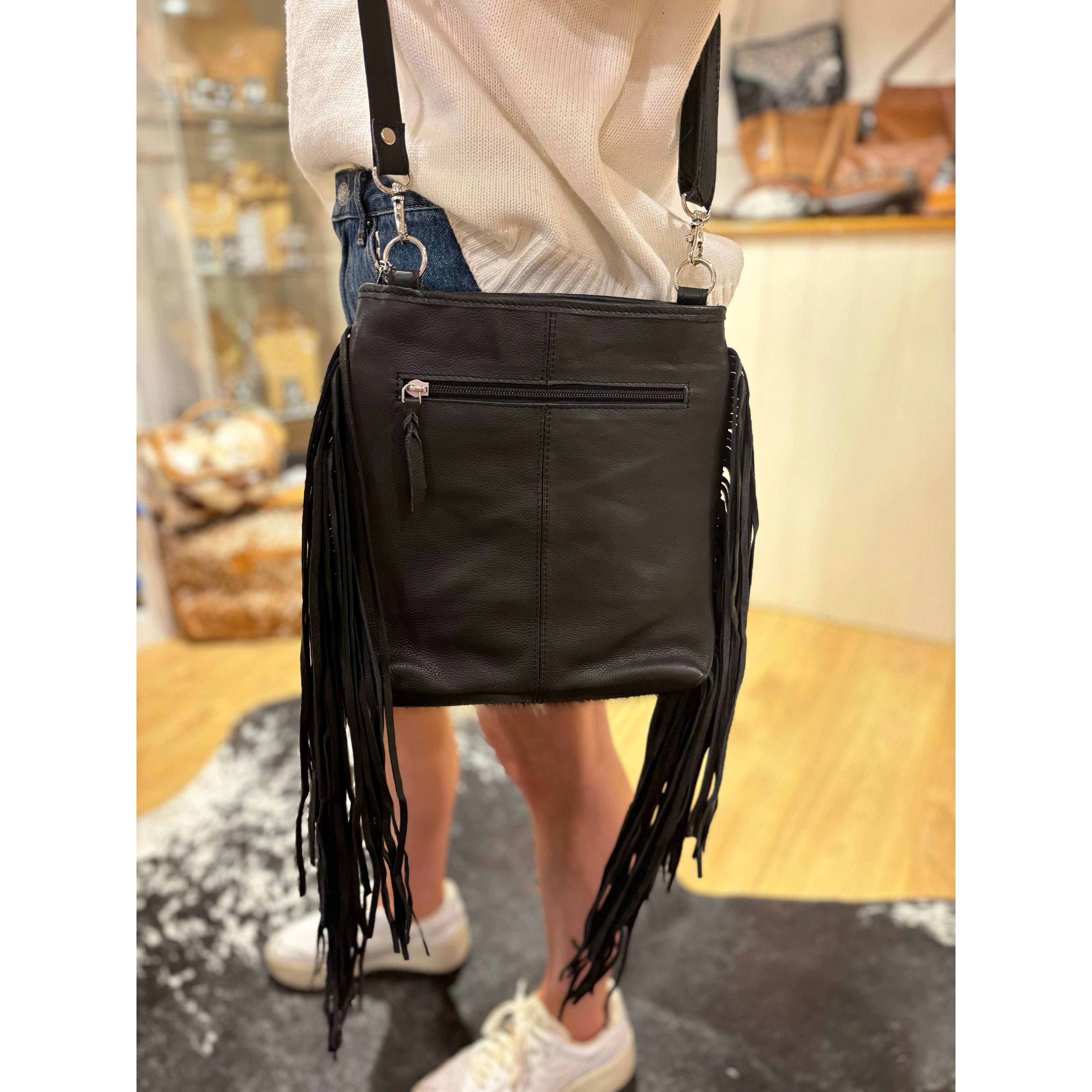 Hand Painted Tooling Leather Medium Sling Cowhide Bag With Fringes – AB72