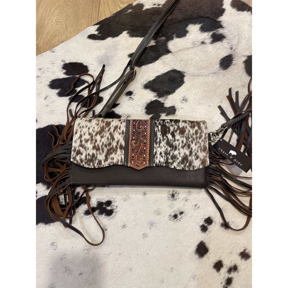 Hand Painted Tooling Leather Flap Cowhide Bag With Fringes – AB74