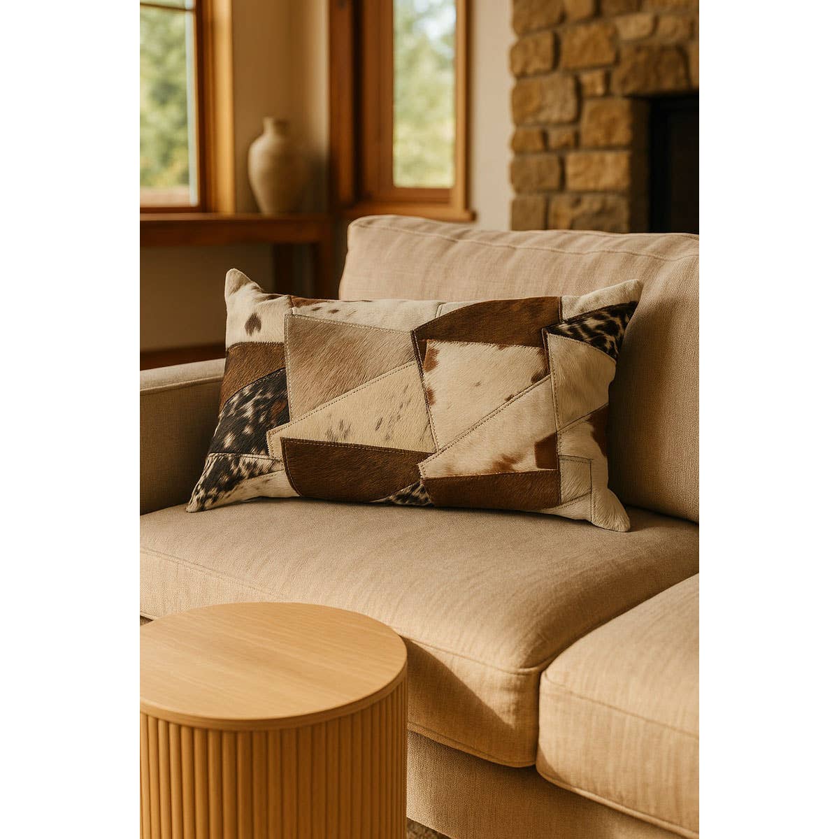 Boho Rustic Cowhide Lumbar Cushion – Handmade Patchwork