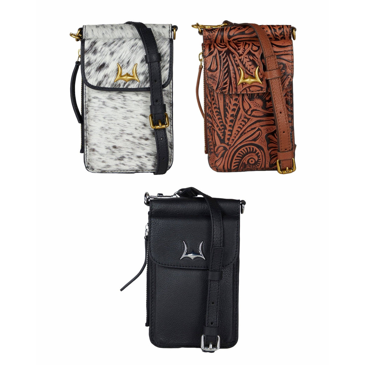 Shell Phone Bag In Black And White Cowhide