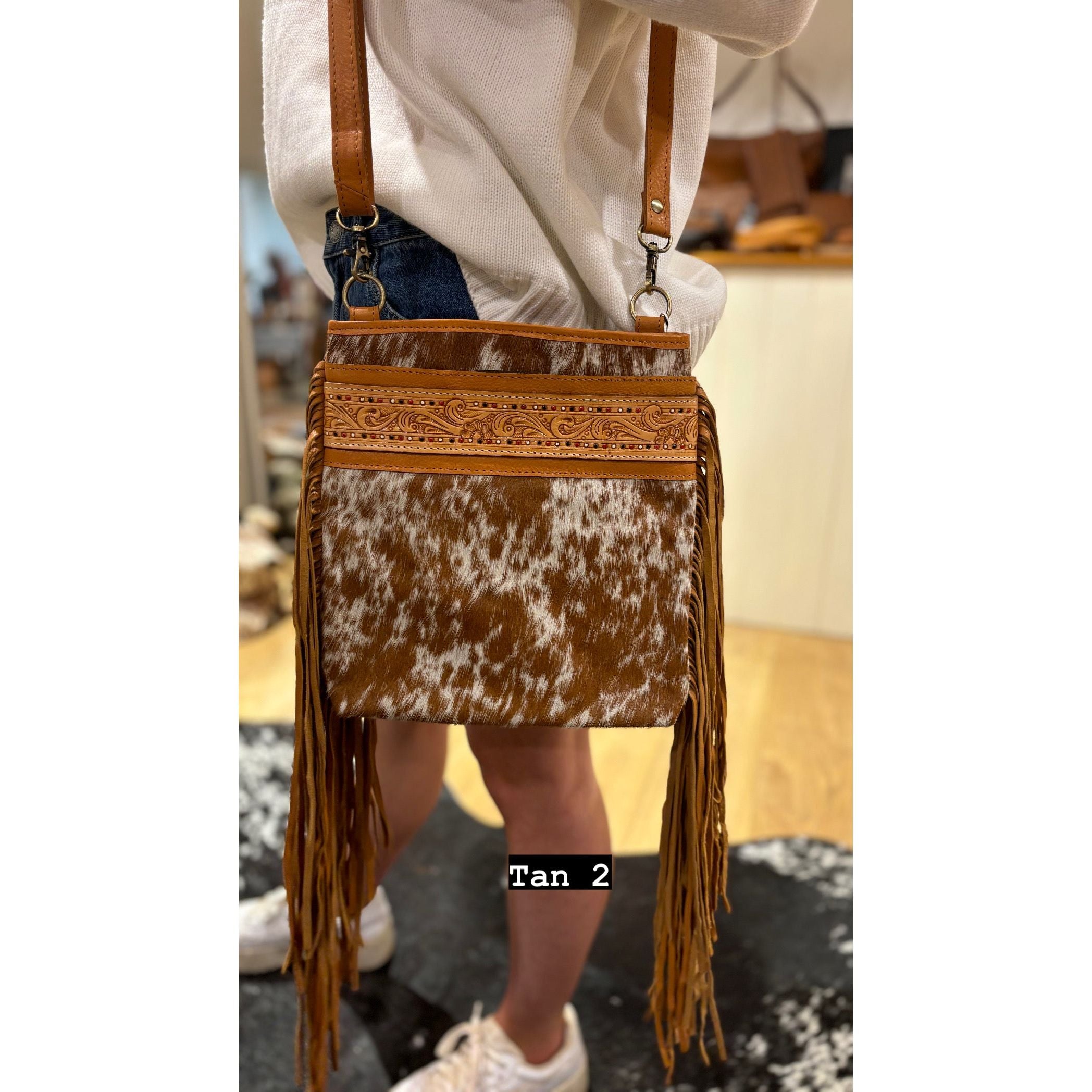 Hand Painted Tooling Leather Medium Sling Cowhide Bag With Fringes – AB72