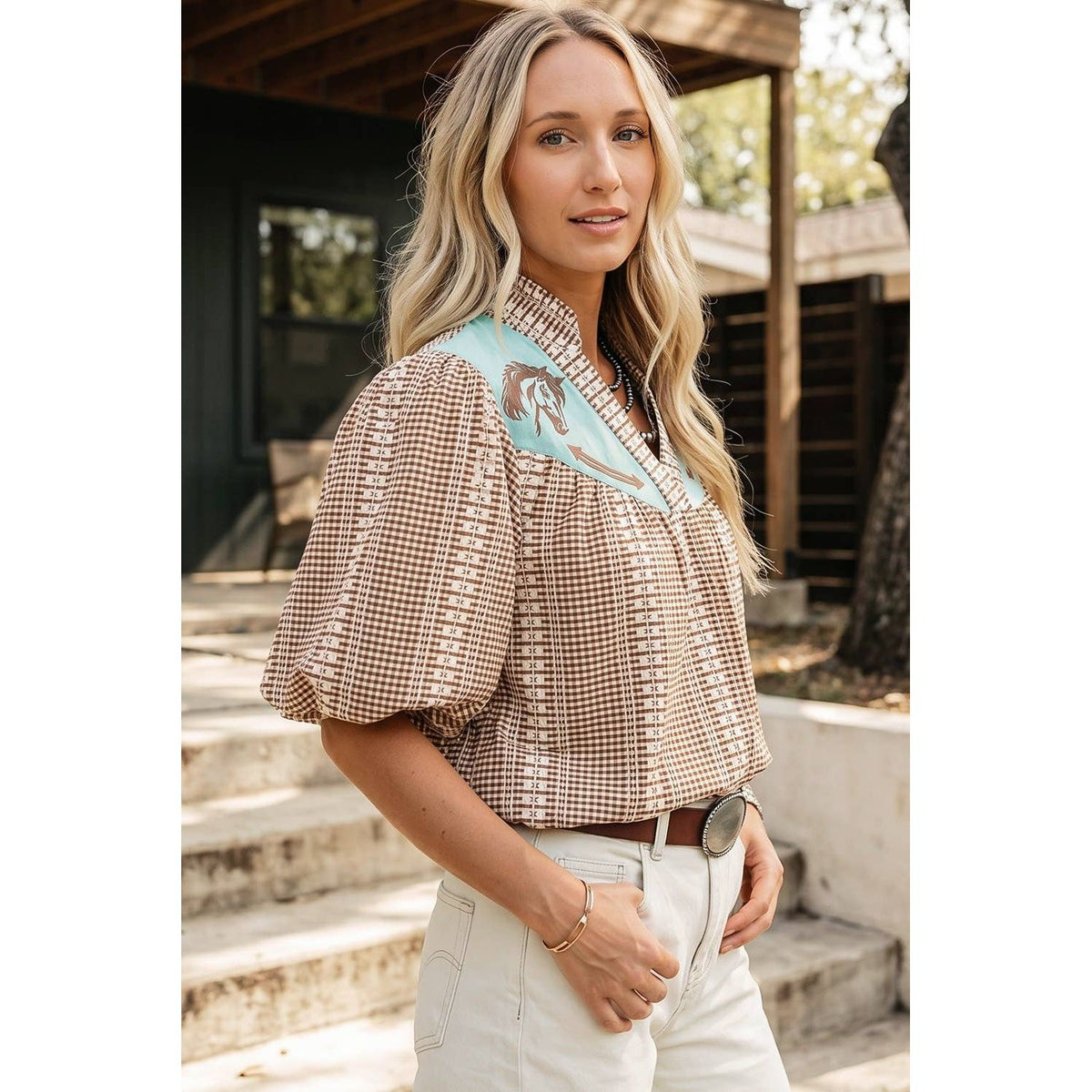 Western Pony Embroidered Yoke Puff Sleeve Gingham Blouse Top Shirt