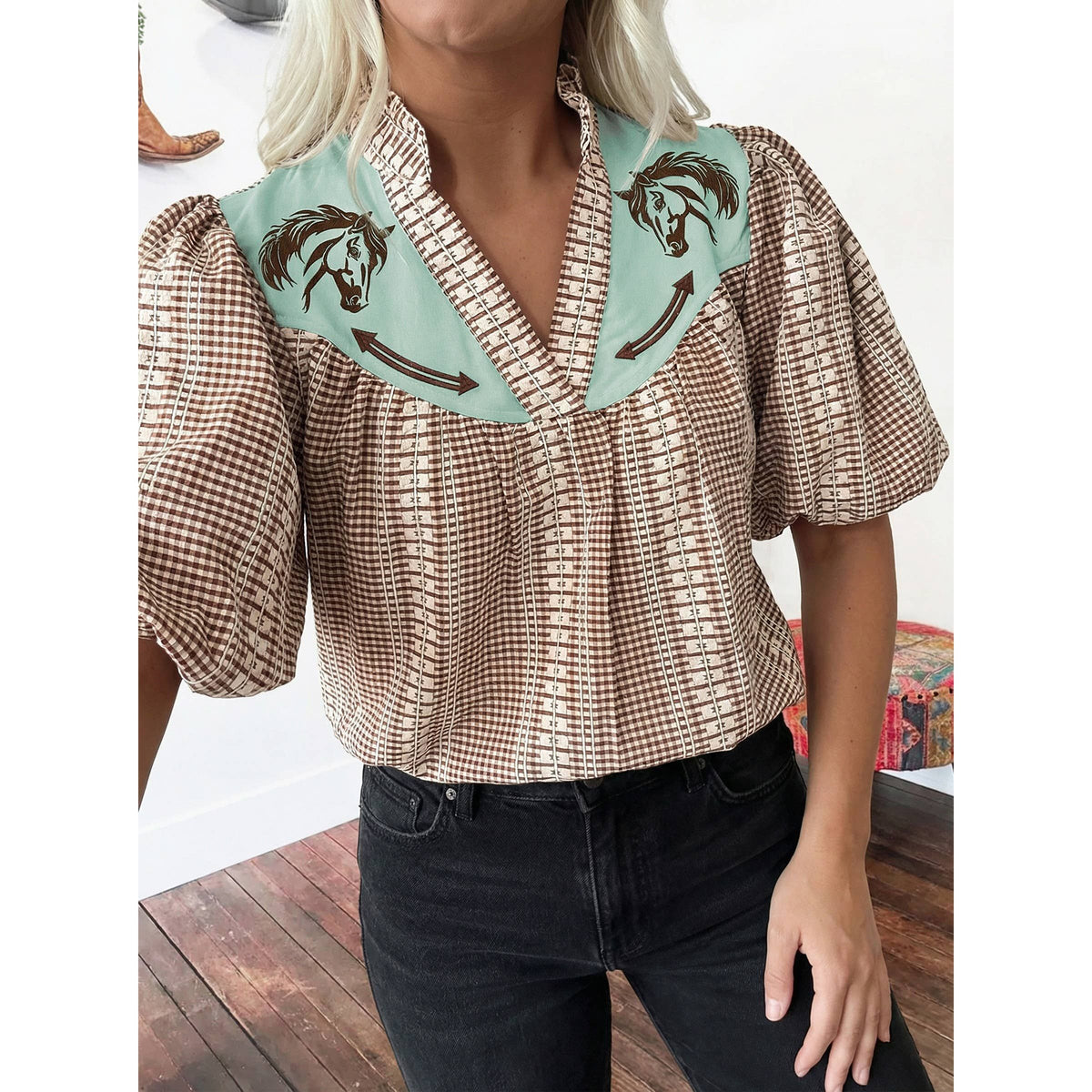 Western Pony Embroidered Yoke Puff Sleeve Gingham Blouse Top Shirt