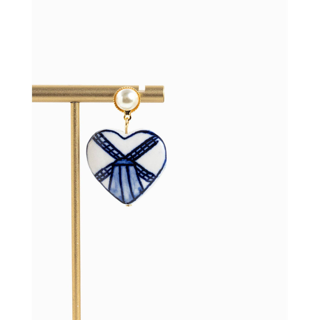Pearl Drop Ceramic Blue Windmill Heart Earrings