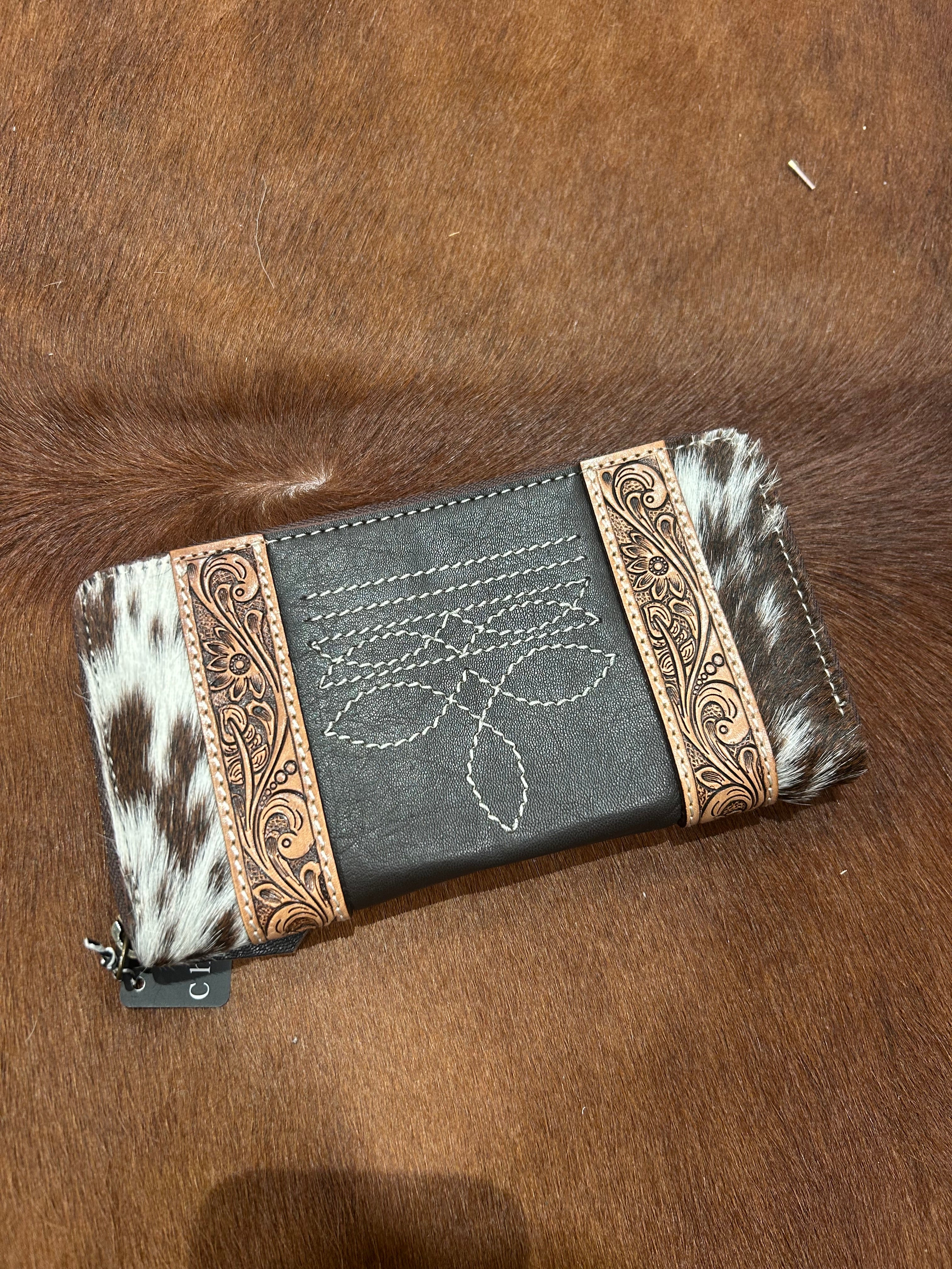Cowhide and tooling leather boot stitch zippered wallet