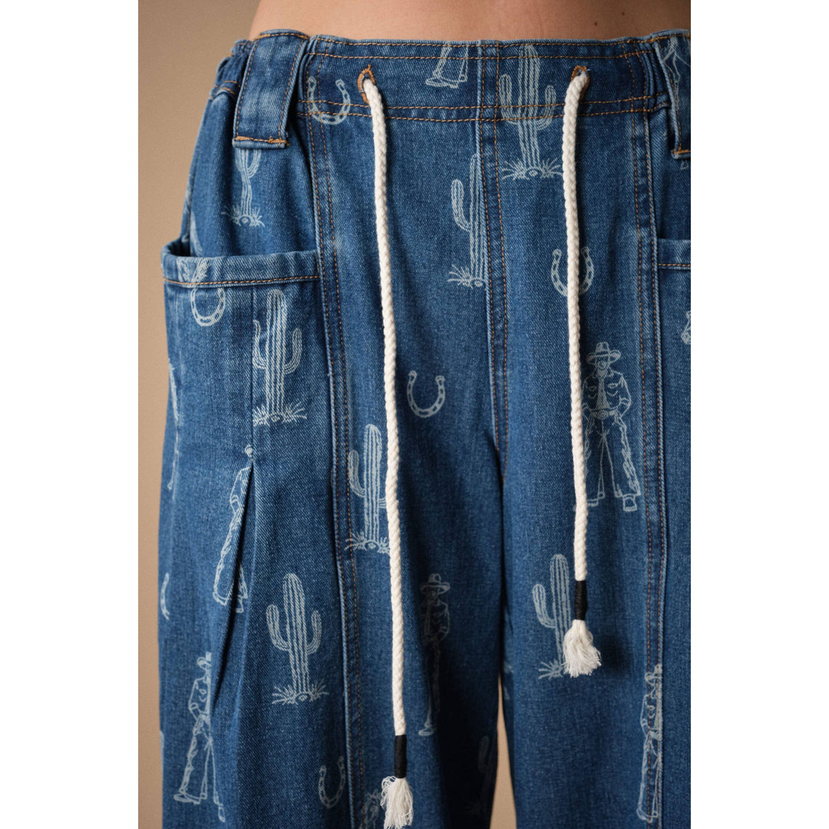 Western Print Barrel Denim Pants