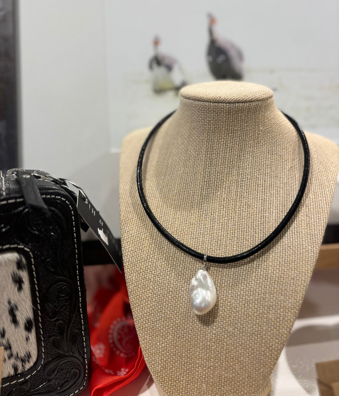 Freshwater Baroque pearl pendant on leather cord