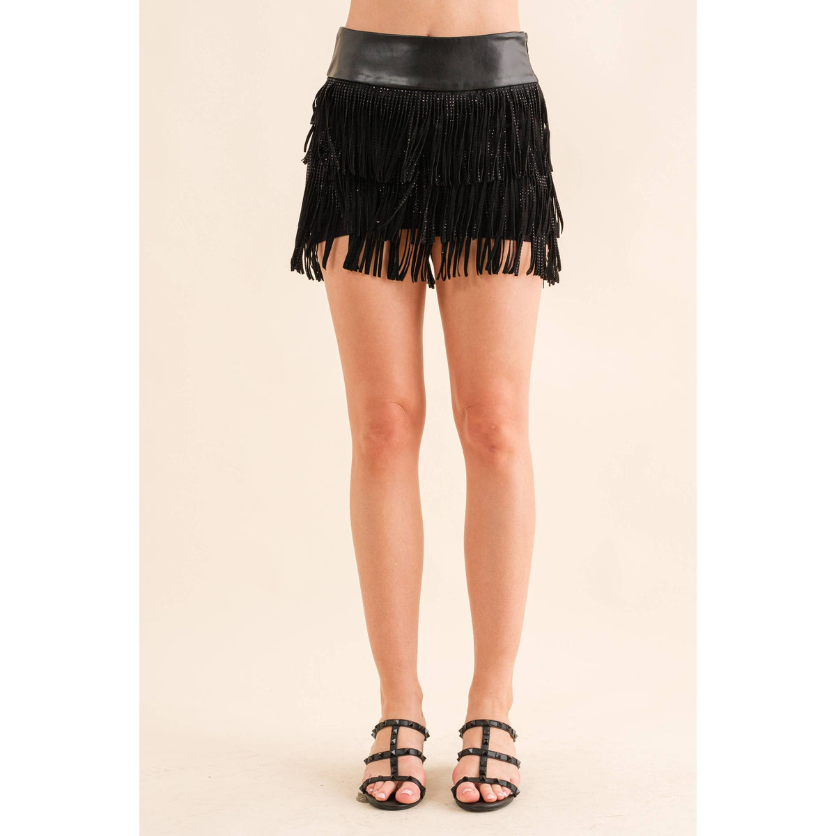 Festival Leather Waist Tiered Fringe Studded Short