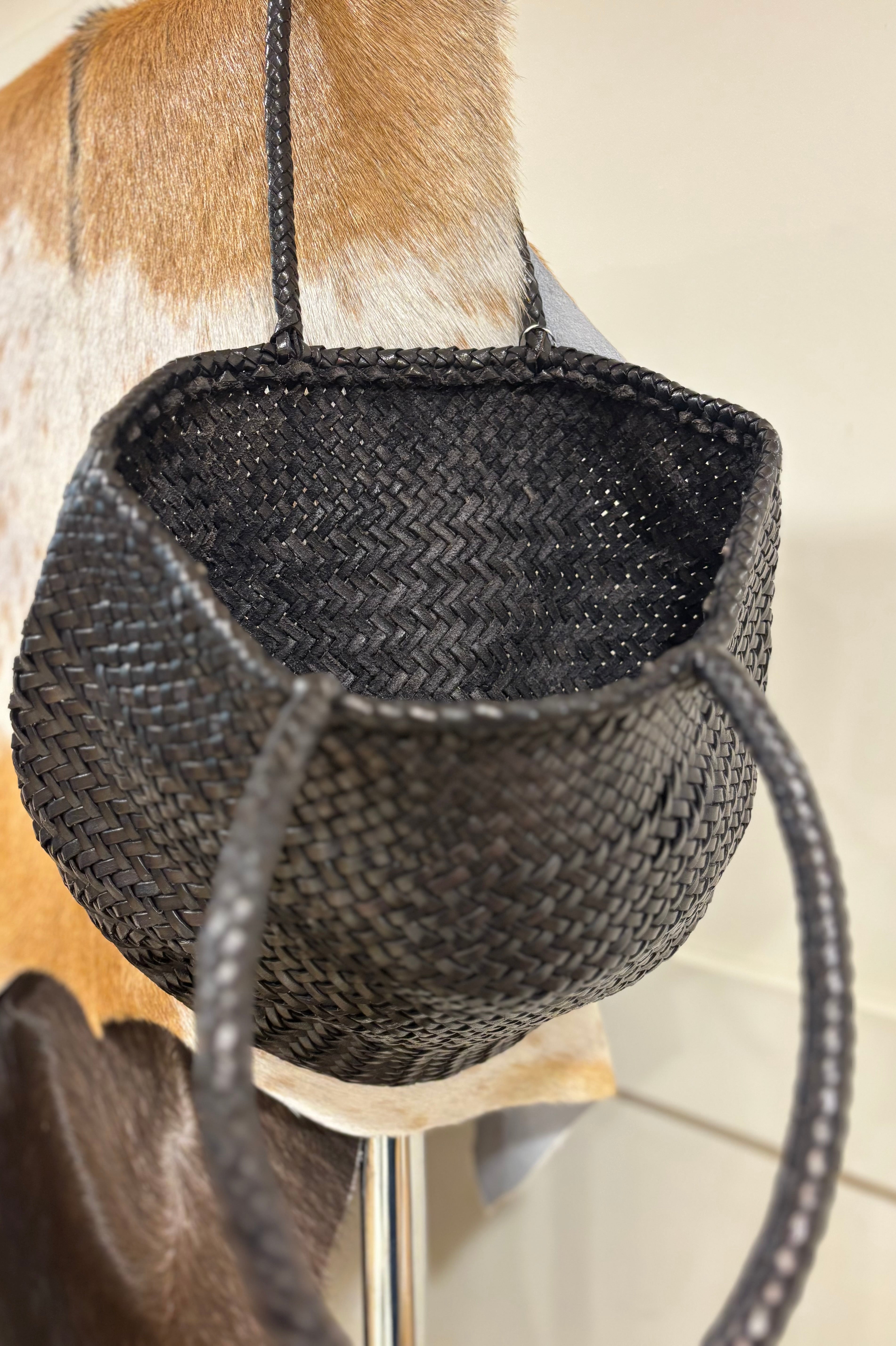 Small black leather weave bag