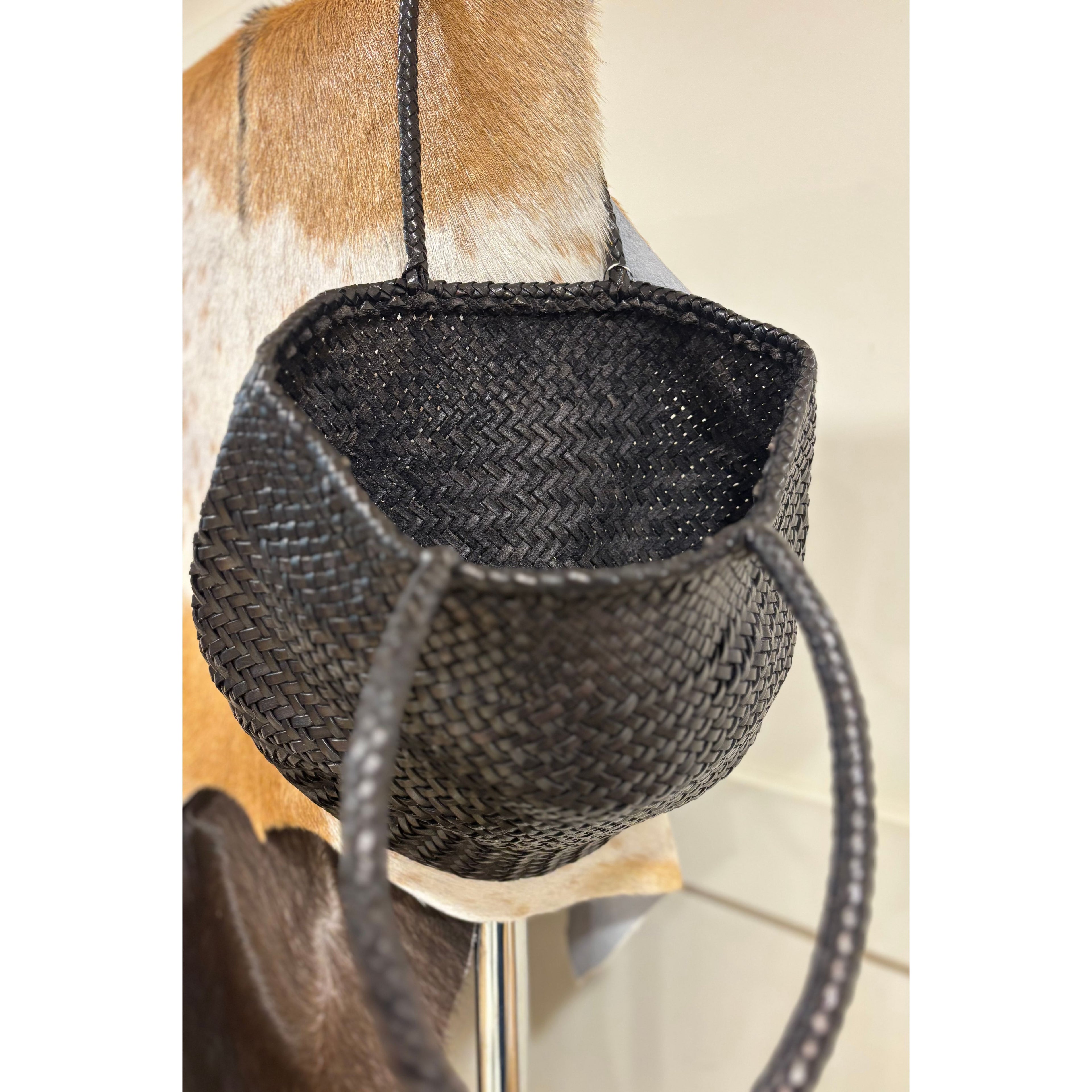 black leather weave bag