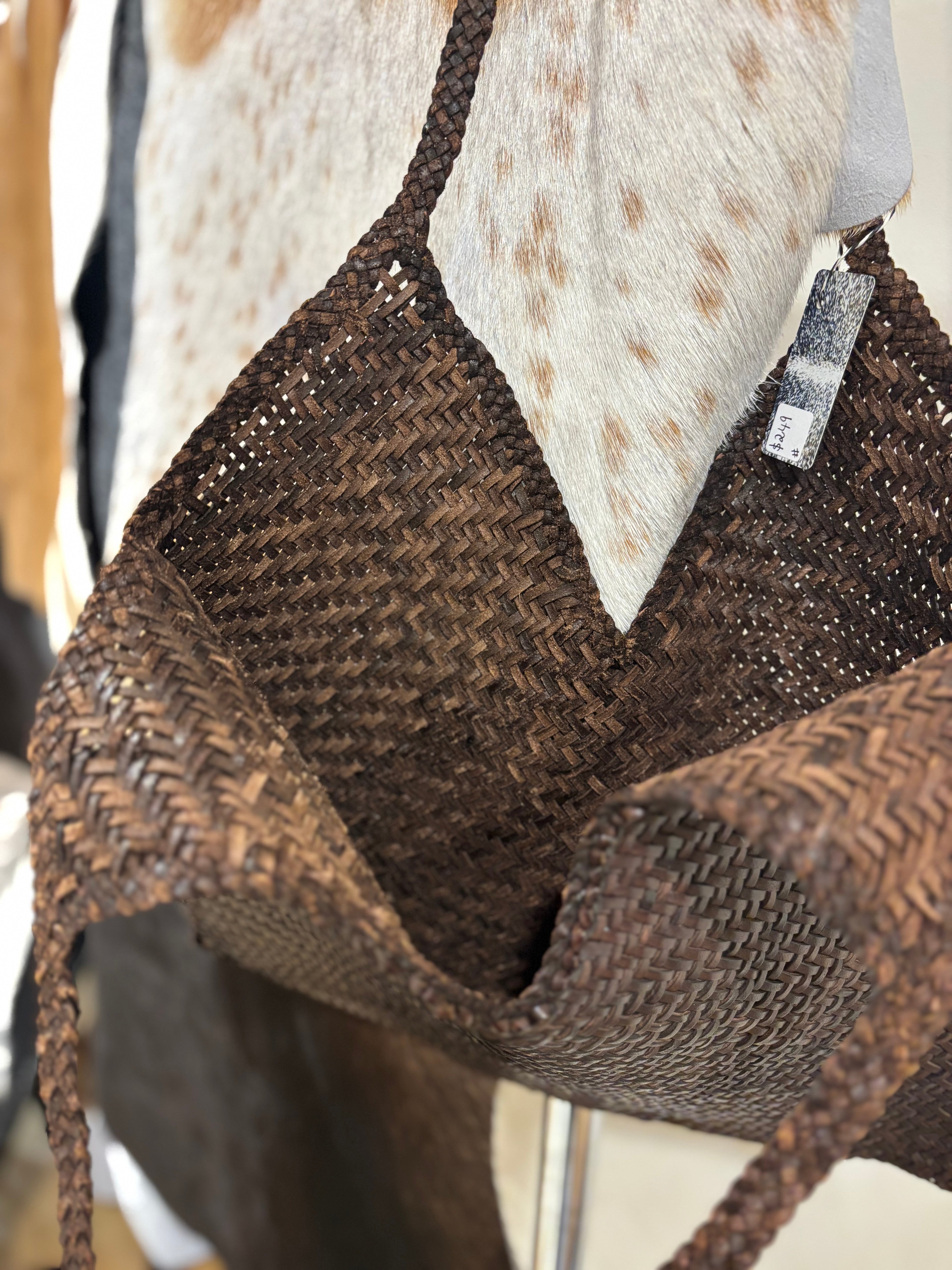 Chocolate Leather weave tote bag