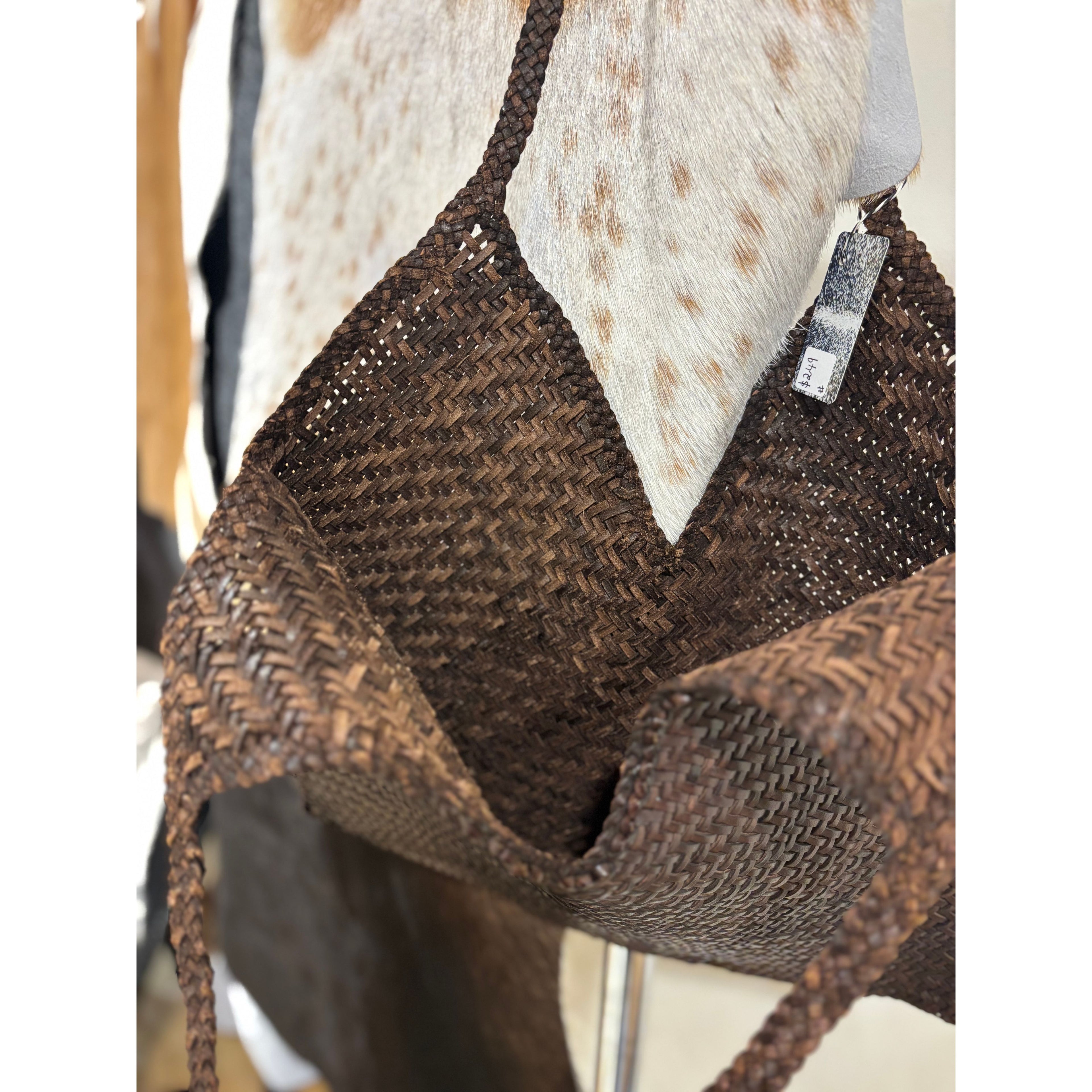 Chocolate Leather weave tote bag