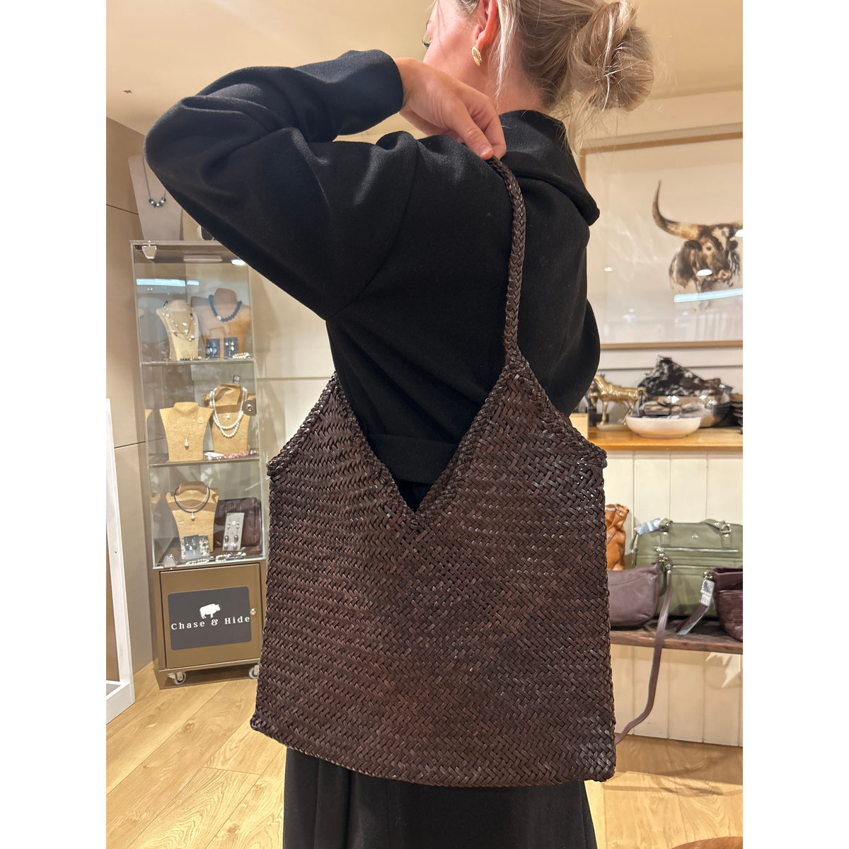 Chocolate Leather weave tote bag