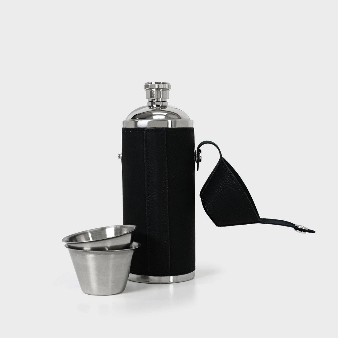 Hunters Flask With Shot Cups - Black / Silver