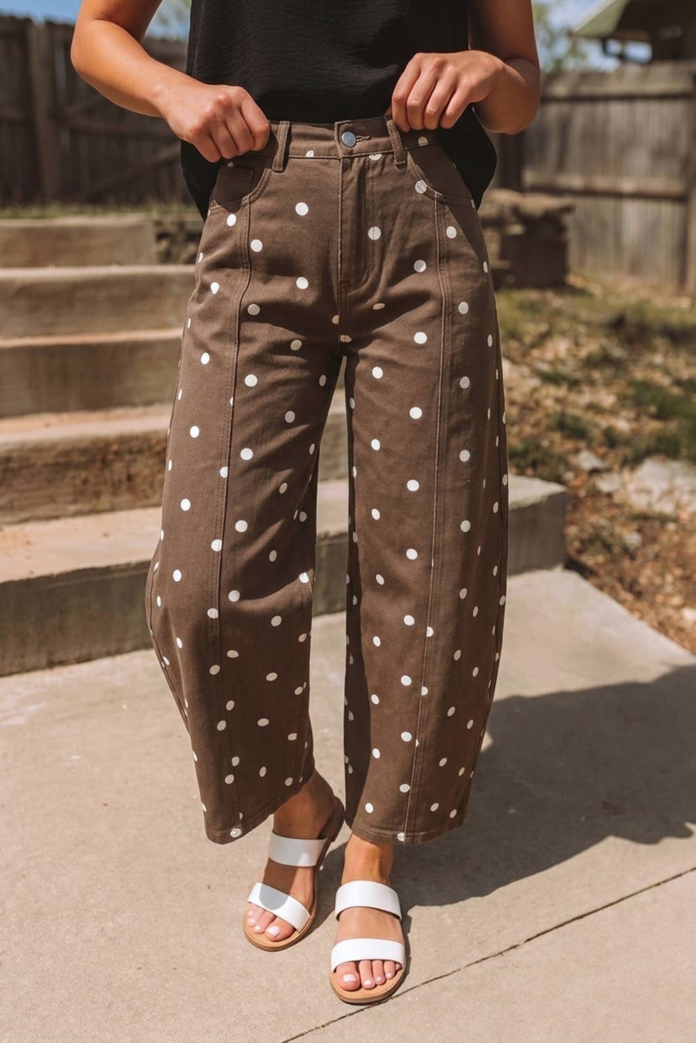 Polka Dot Print Seam Detail Barrel Casual Jeans