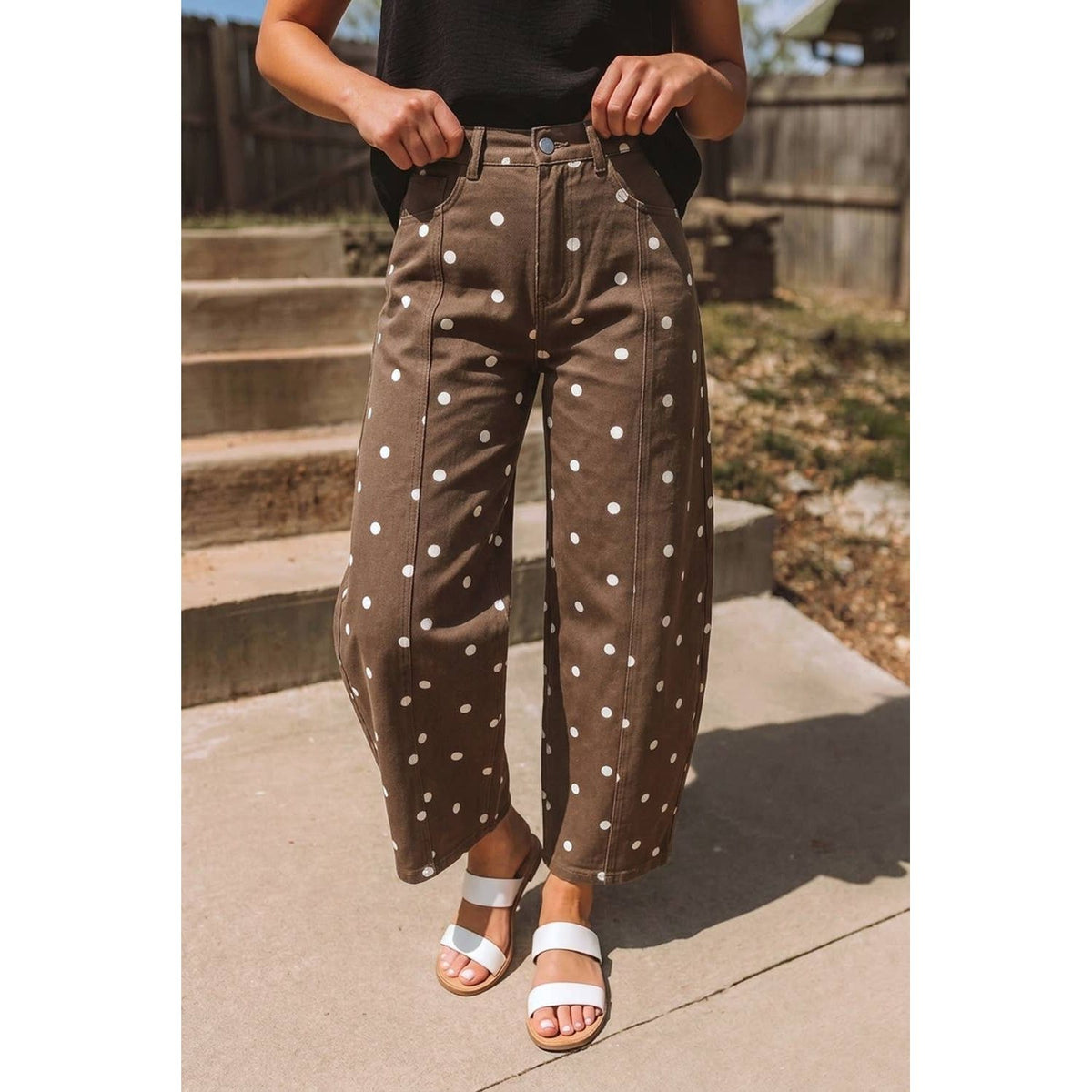 Polka Dot Print Seam Detail Barrel Casual Jeans