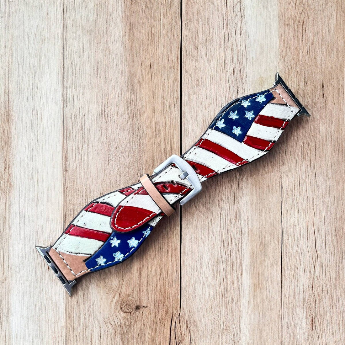 45mm American flag tooled leather Apple Watch band
