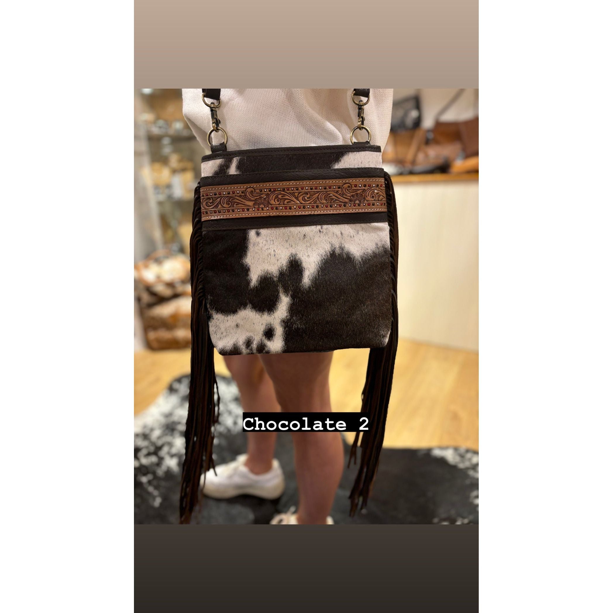 Hand Painted Tooling Leather Medium Sling Cowhide Bag With Fringes – AB72