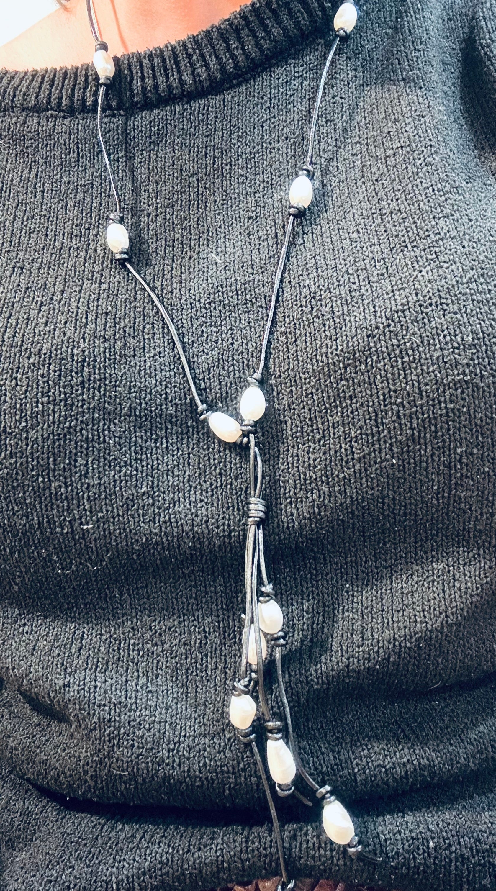 Pearls on Black Leather necklace