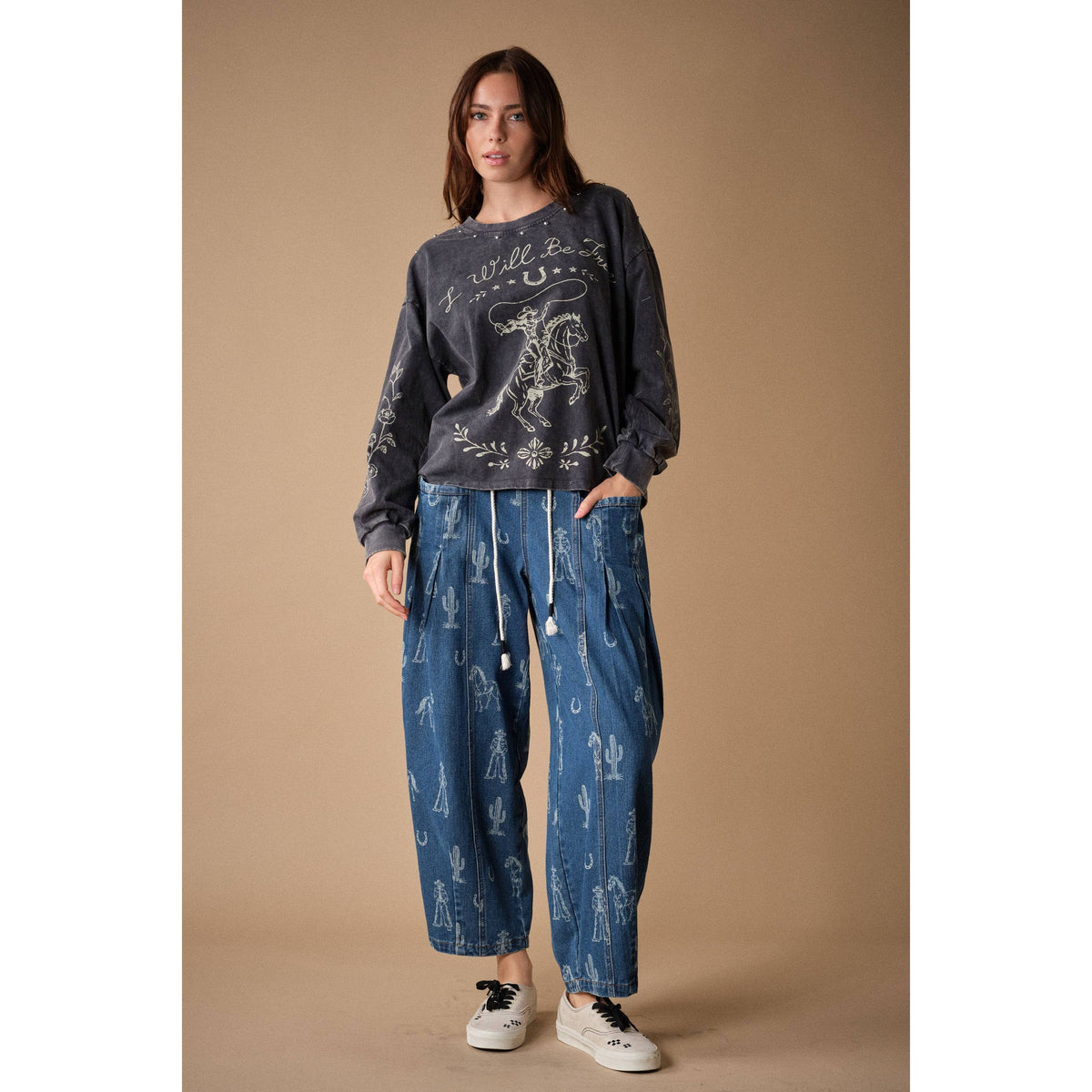 Western Print Barrel Denim Pants