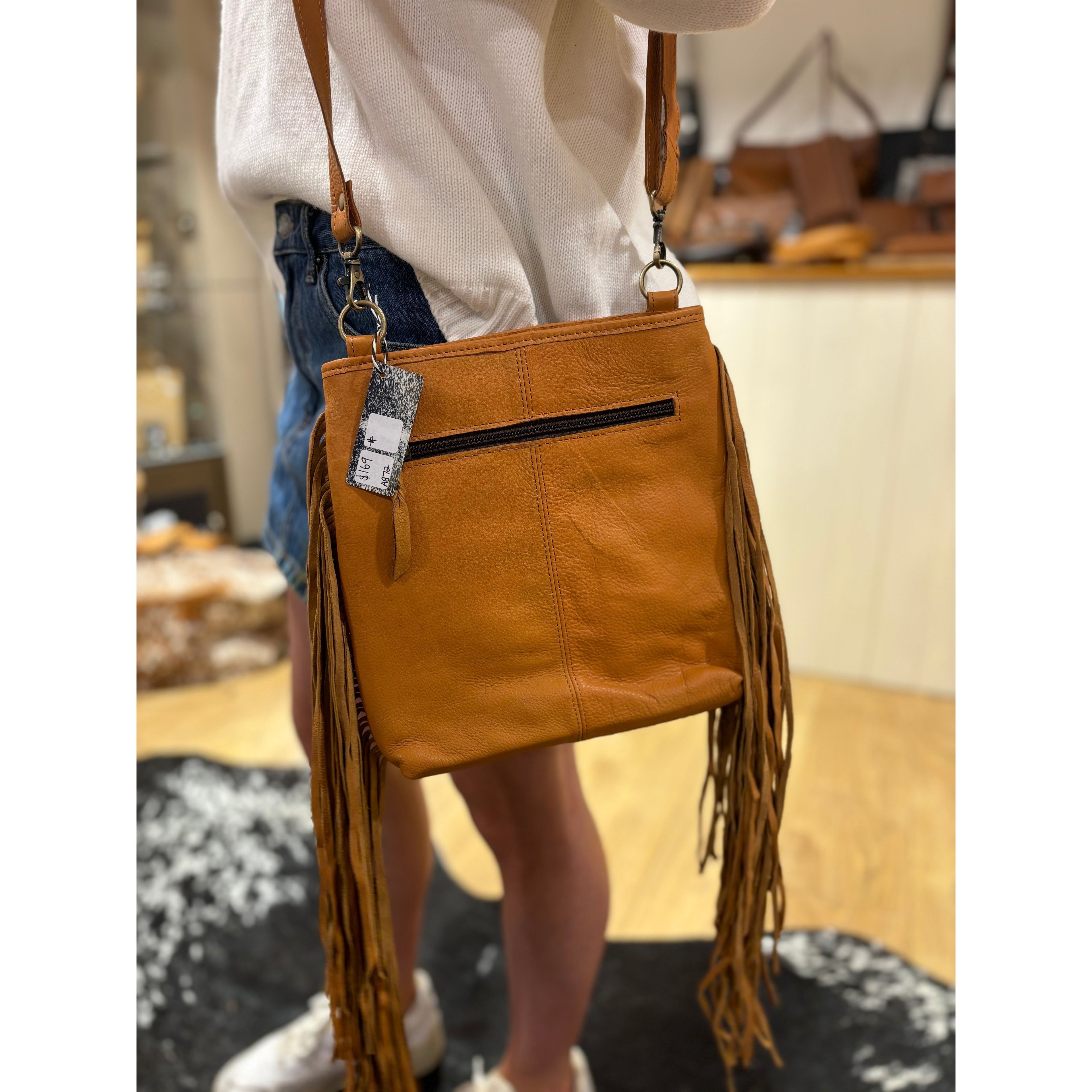 Hand Painted Tooling Leather Medium Sling Cowhide Bag With Fringes – AB72