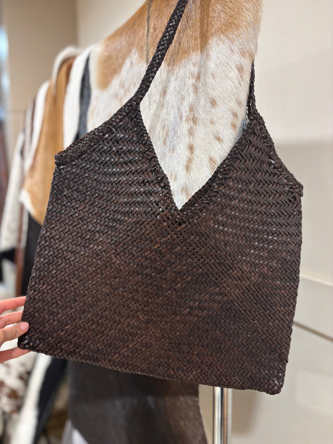 Chocolate Leather weave tote bag