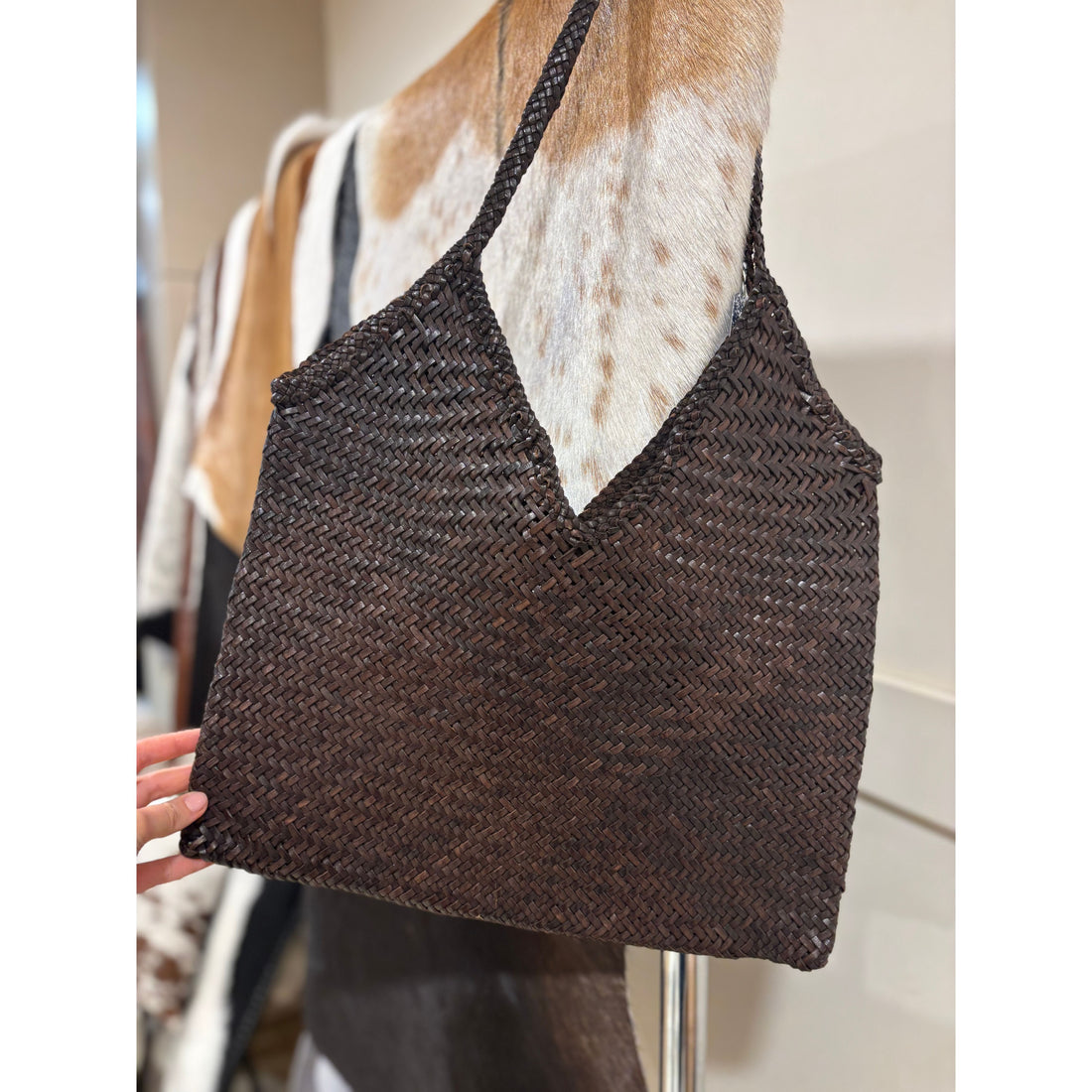 Chocolate Leather weave tote bag