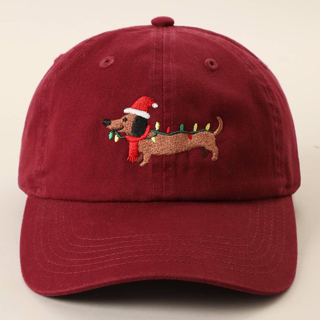 Christmas Dachshund Embroidered Stone Washed Cotton Dad Cap