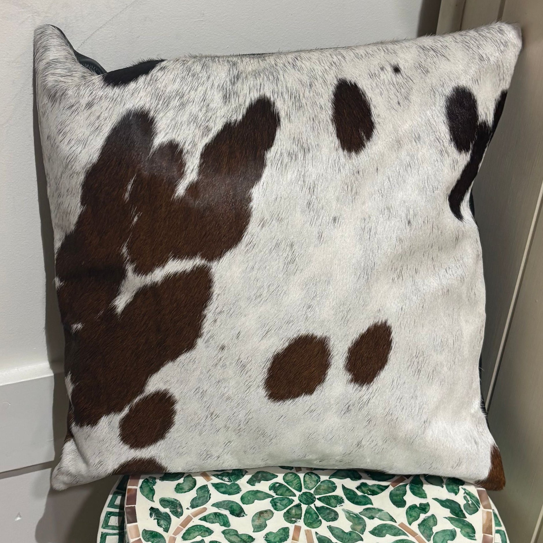 Cowhide Cushion Cover with Leather Back | 40x40cm Genuine Cowhide Pillow | Rustic Western Home Decor
