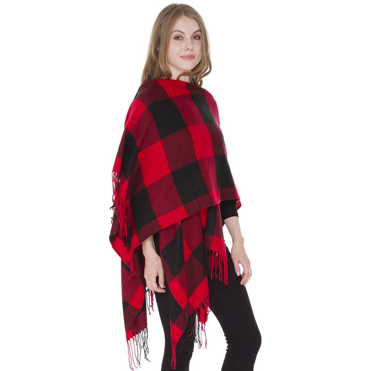 Buffalo Check Pattern Ruana Poncho with Fringes
