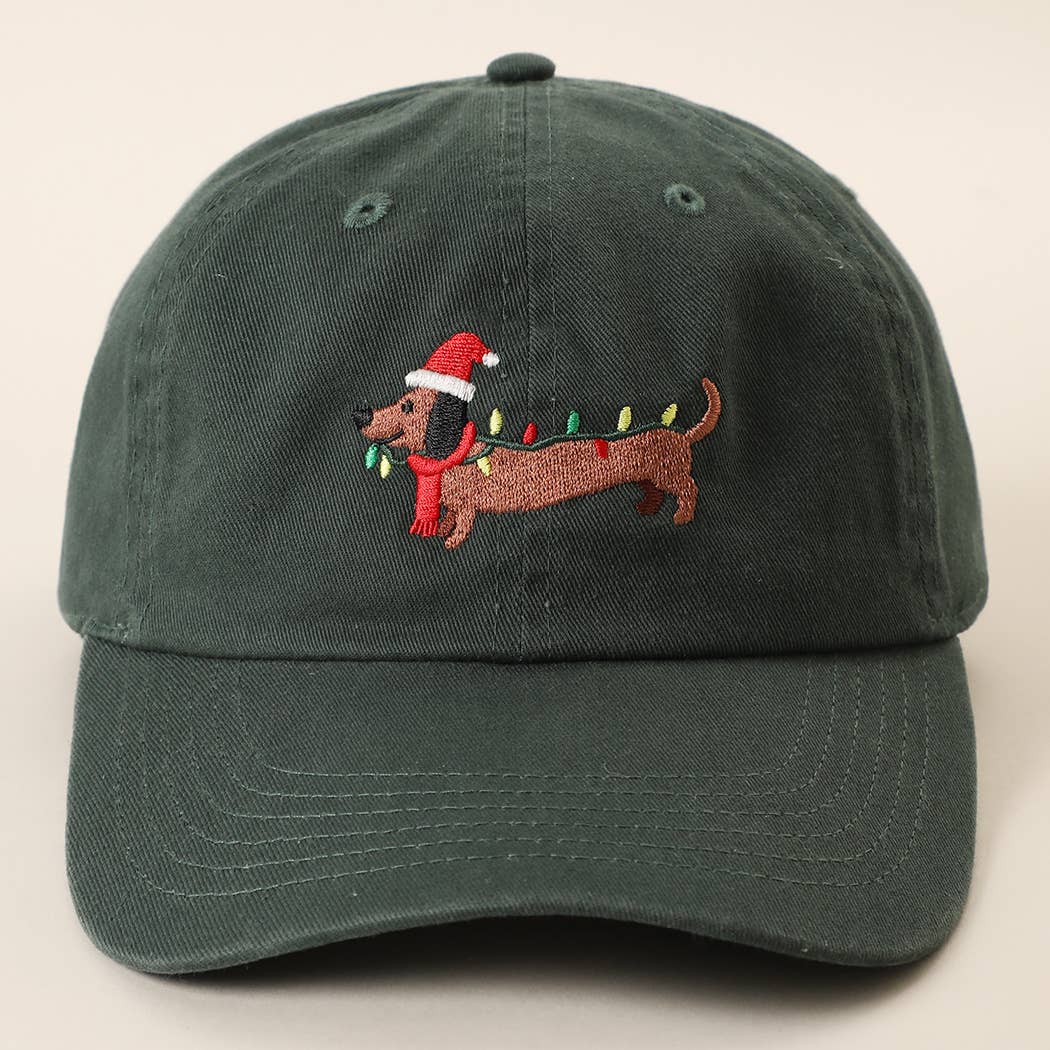 Christmas Dachshund Embroidered Stone Washed Cotton Dad Cap