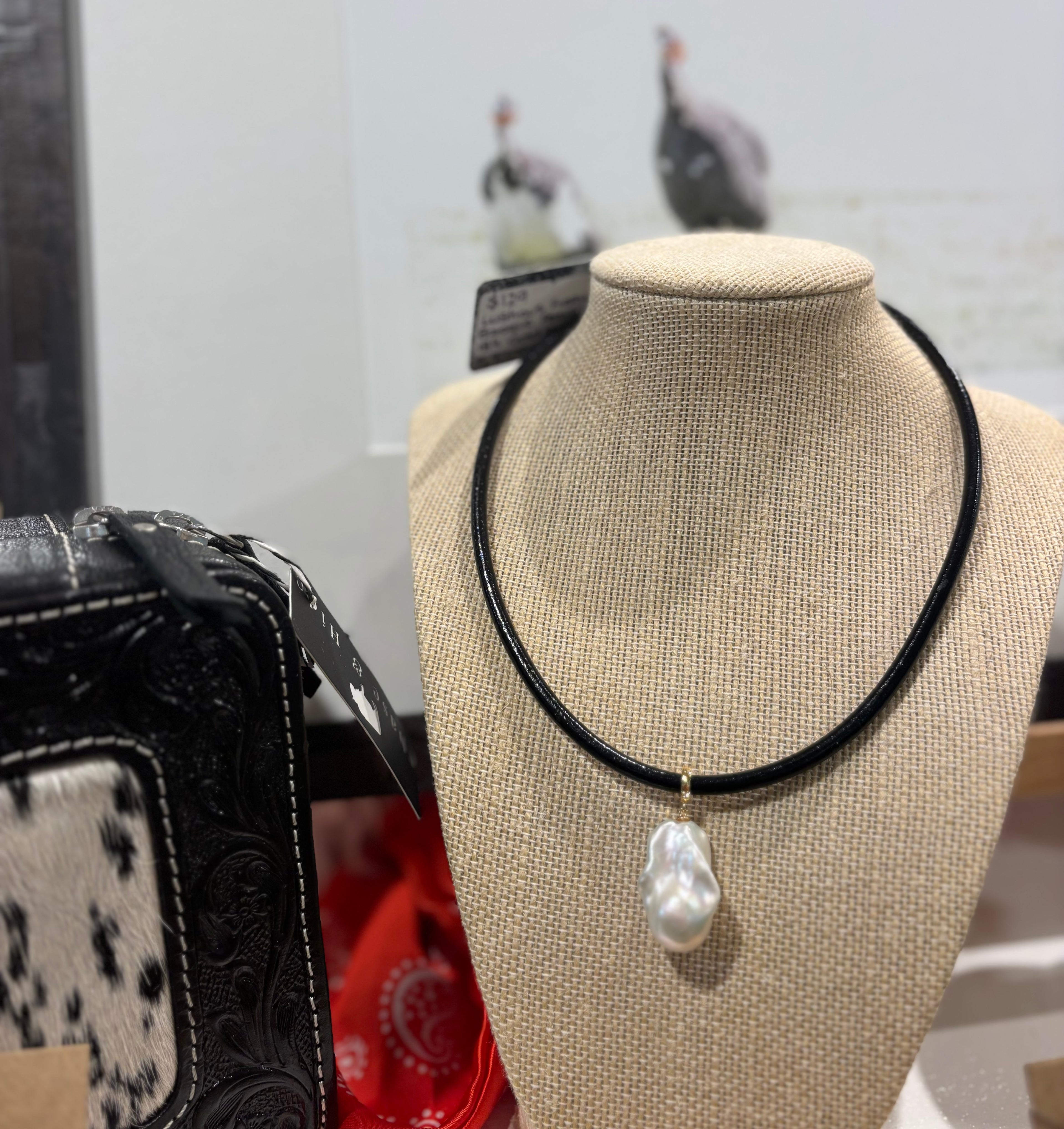 Freshwater Baroque pearl pendant on leather cord