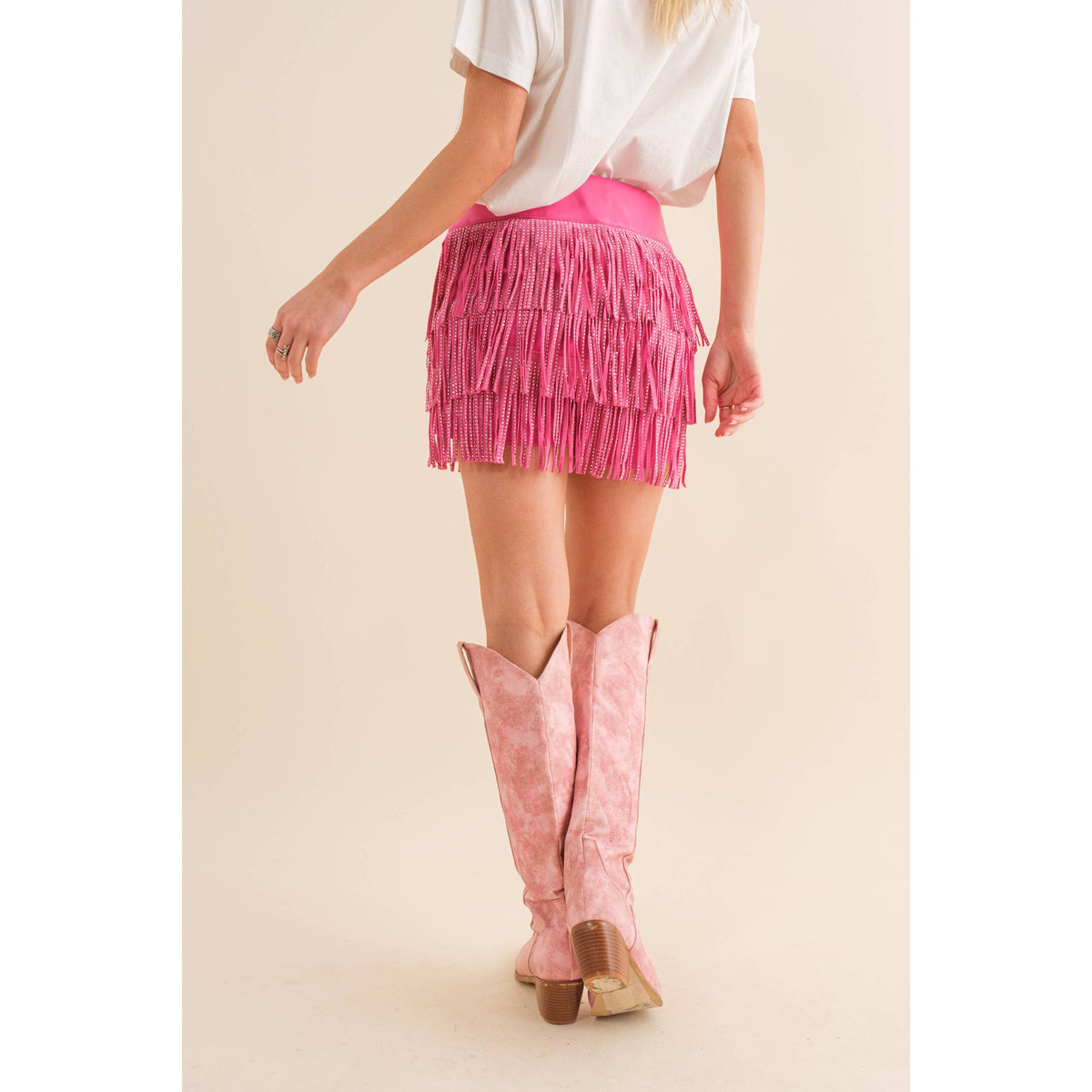 Festival Leather Waist Tiered Fringe Studded Short