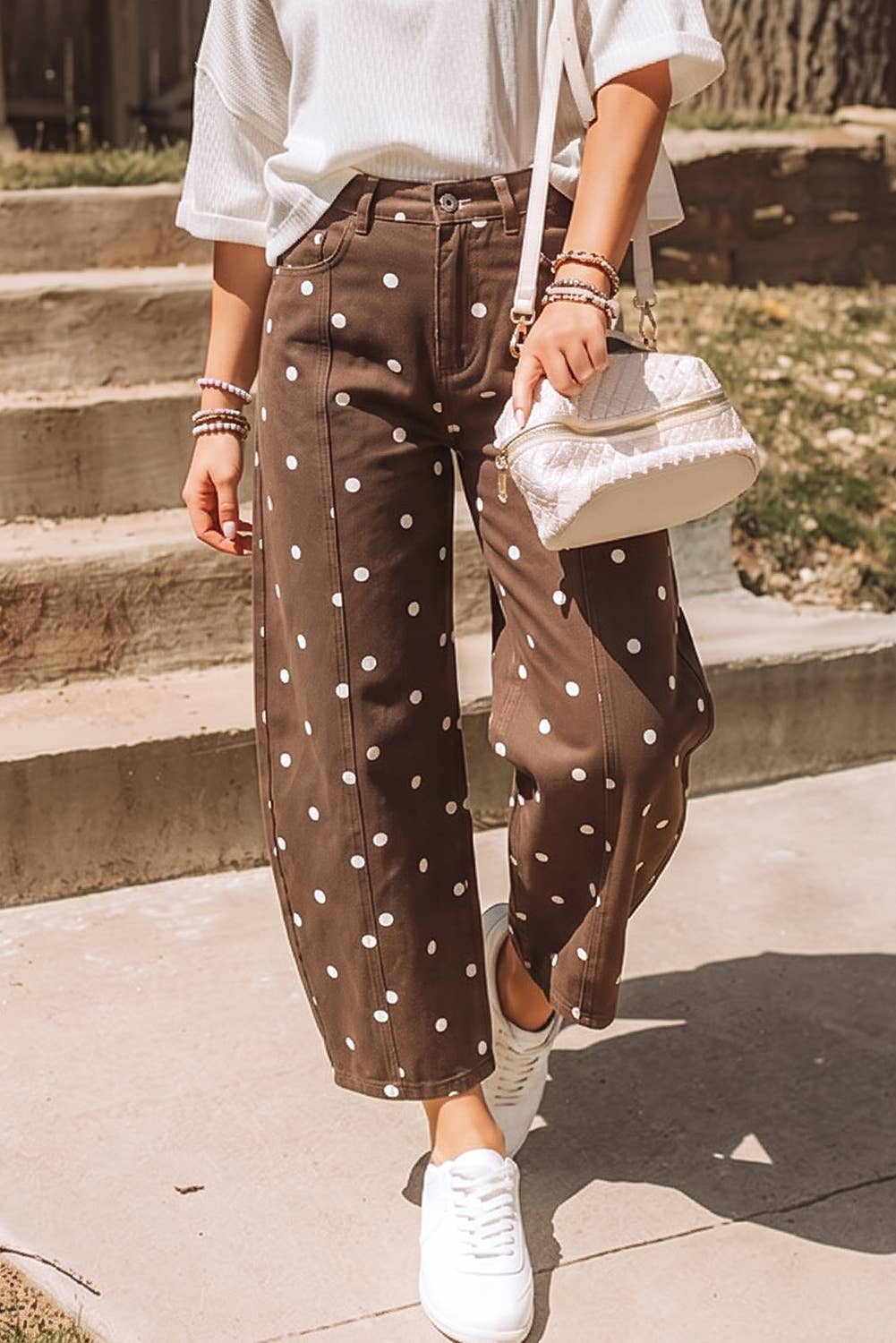 Polka Dot Print Seam Detail Barrel Casual Jeans