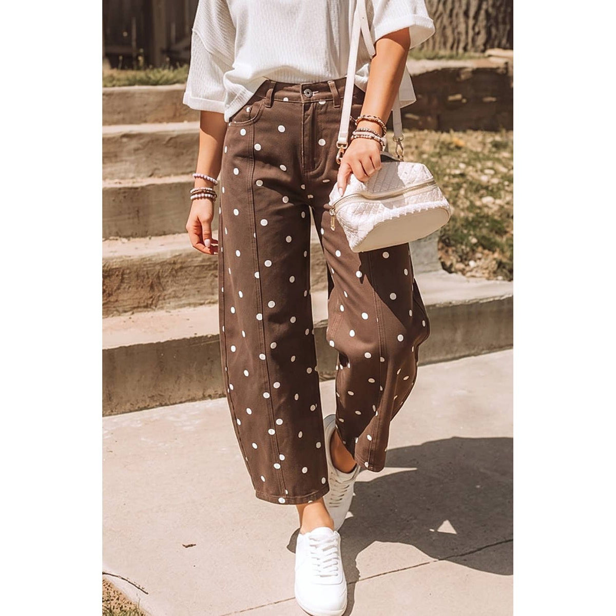 Polka Dot Print Seam Detail Barrel Casual Jeans