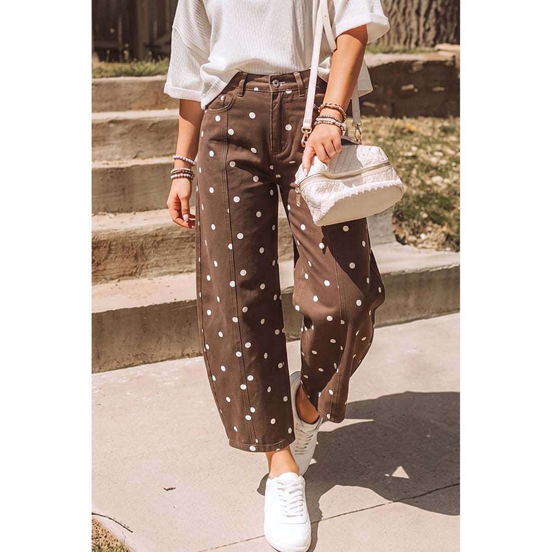 Polka Dot Print Seam Detail Barrel Casual Jeans