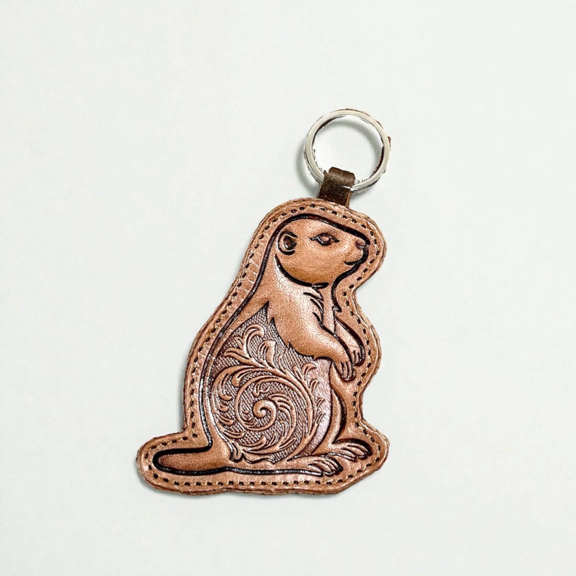 Otter Tooled leather & cowhide keychain
