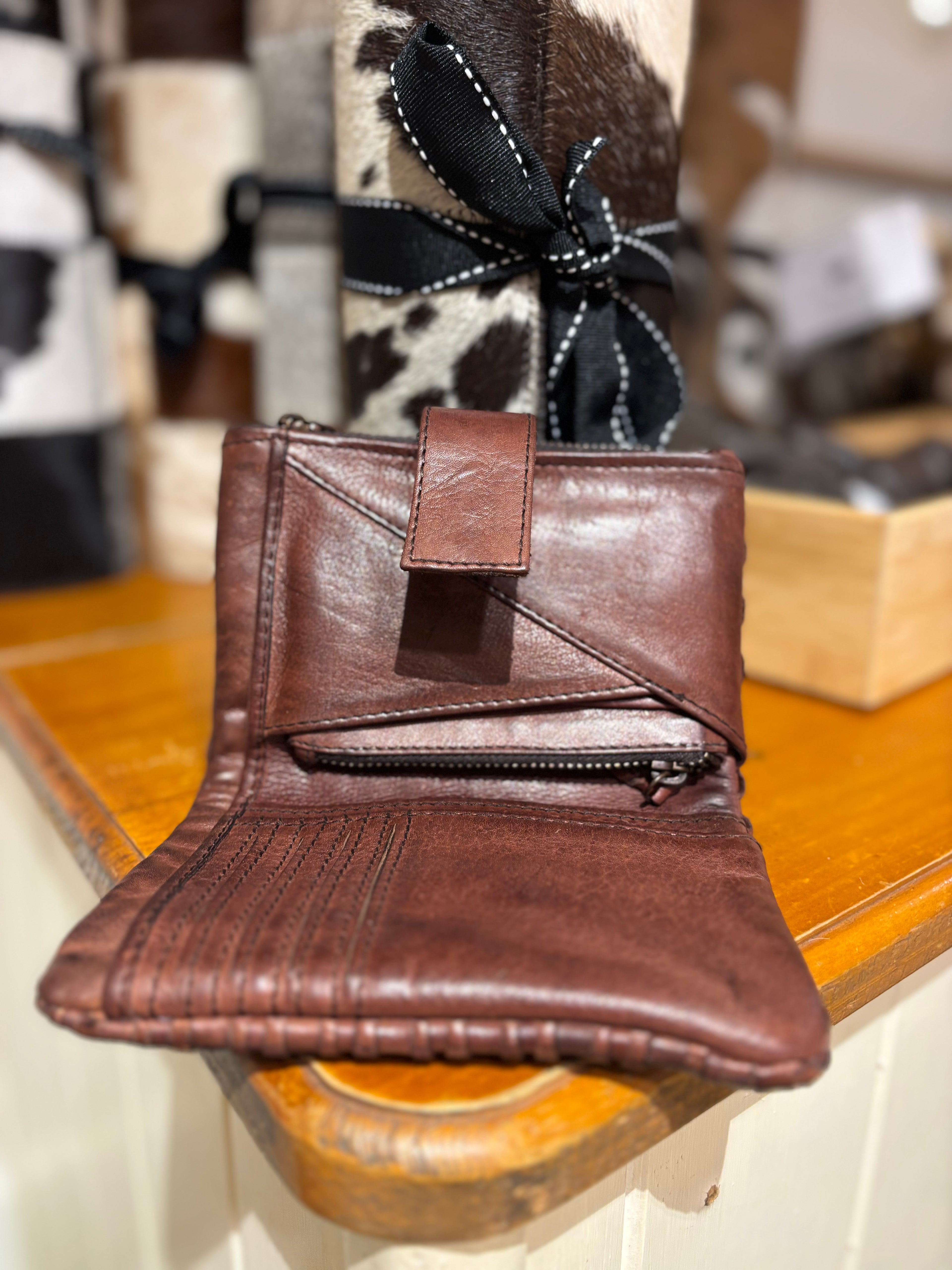 Woven washed leather small fold wallet