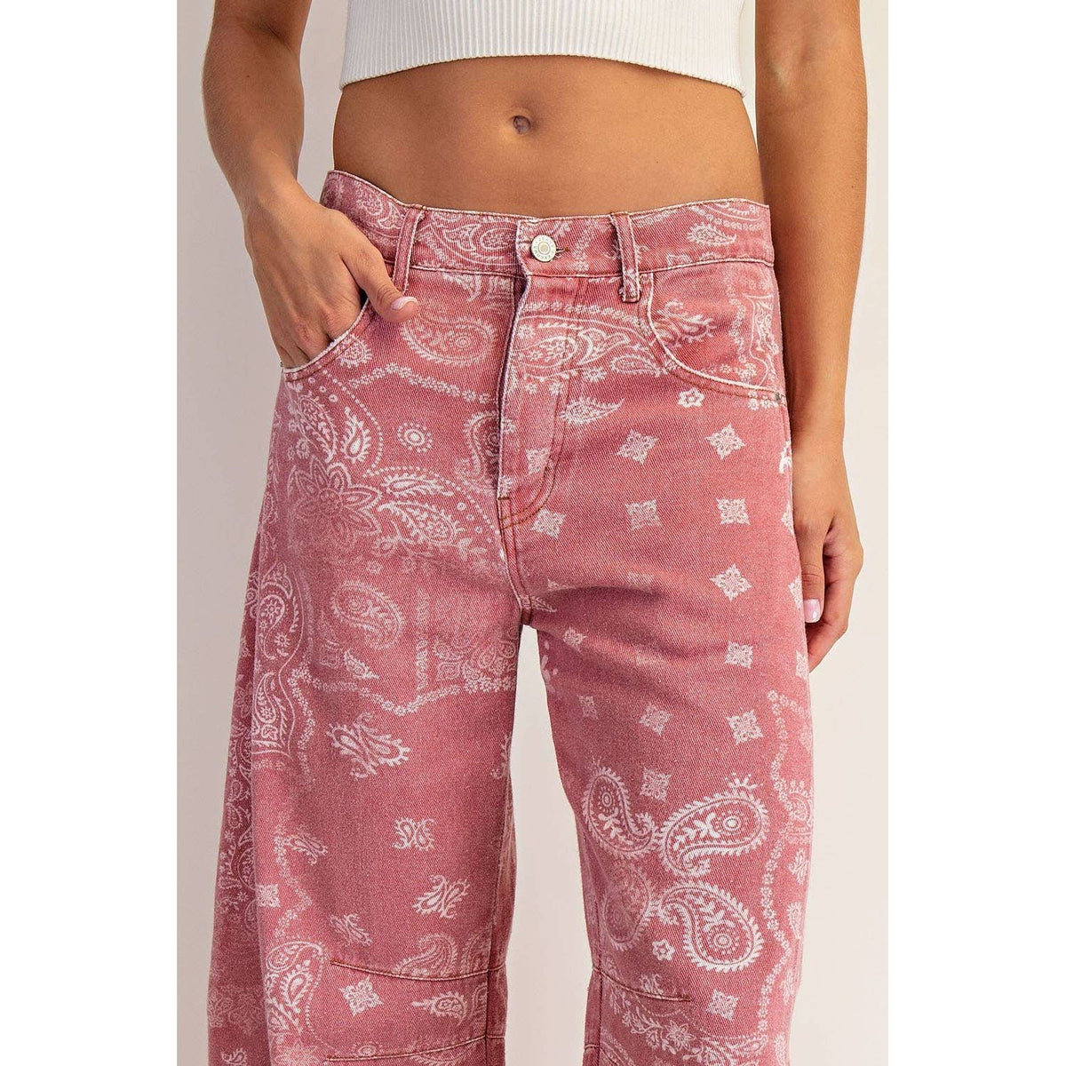 JEANS MINERAL WASHED PAISLEY PRINTED BARREL JEANS