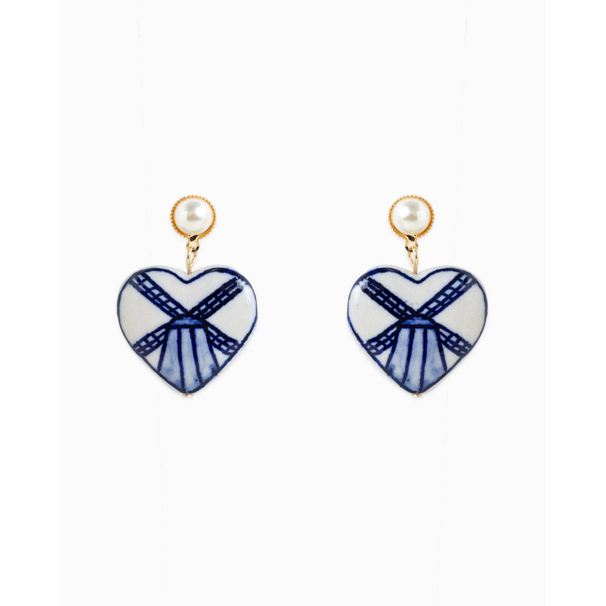 Pearl Drop Ceramic Blue Windmill Heart Earrings
