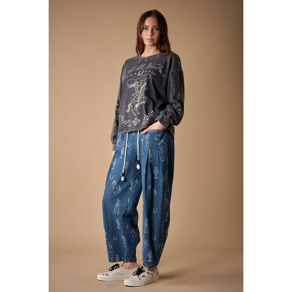 Western Print Barrel Denim Pants