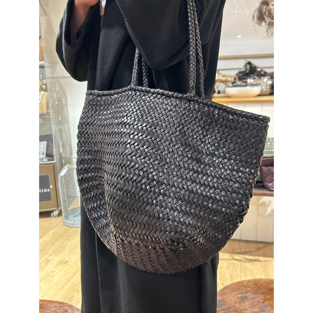 black leather weave bag