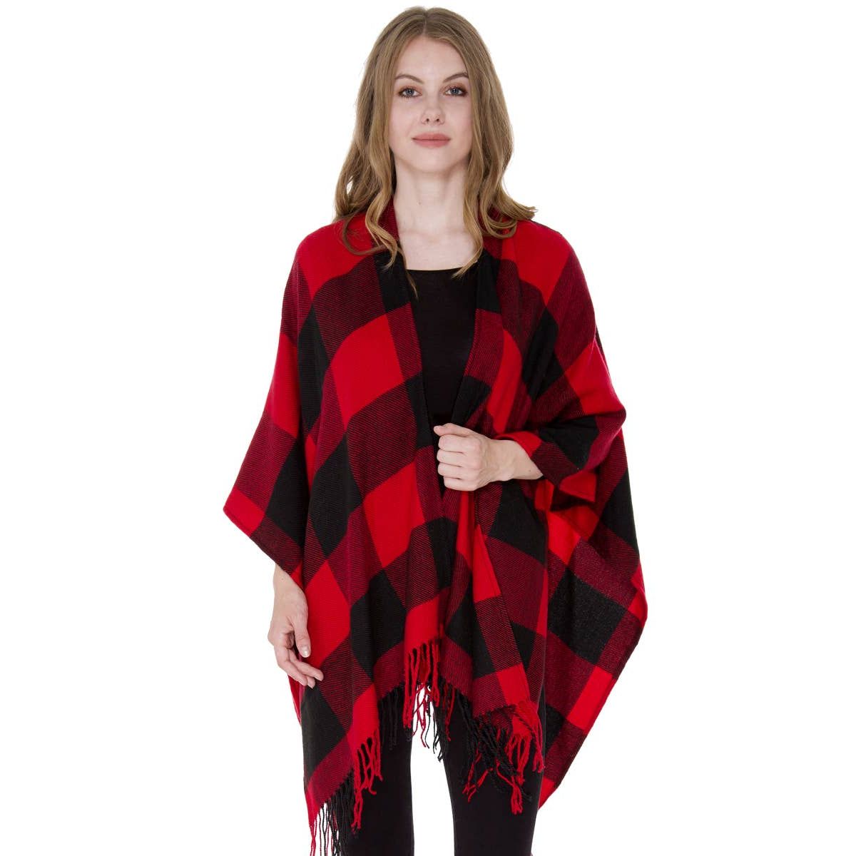 Buffalo Check Pattern Ruana Poncho with Fringes