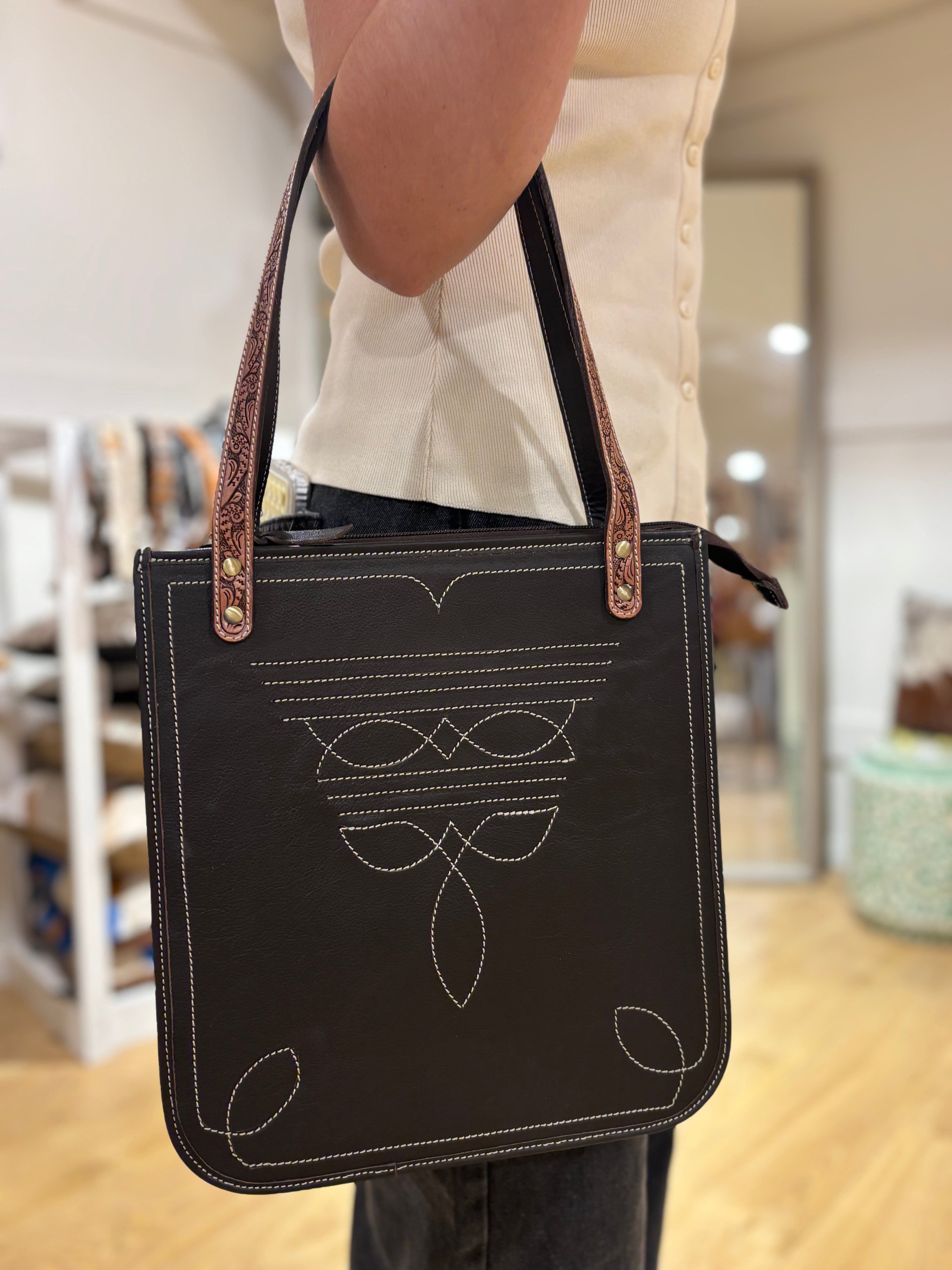 Tooling leather boot stitch bag